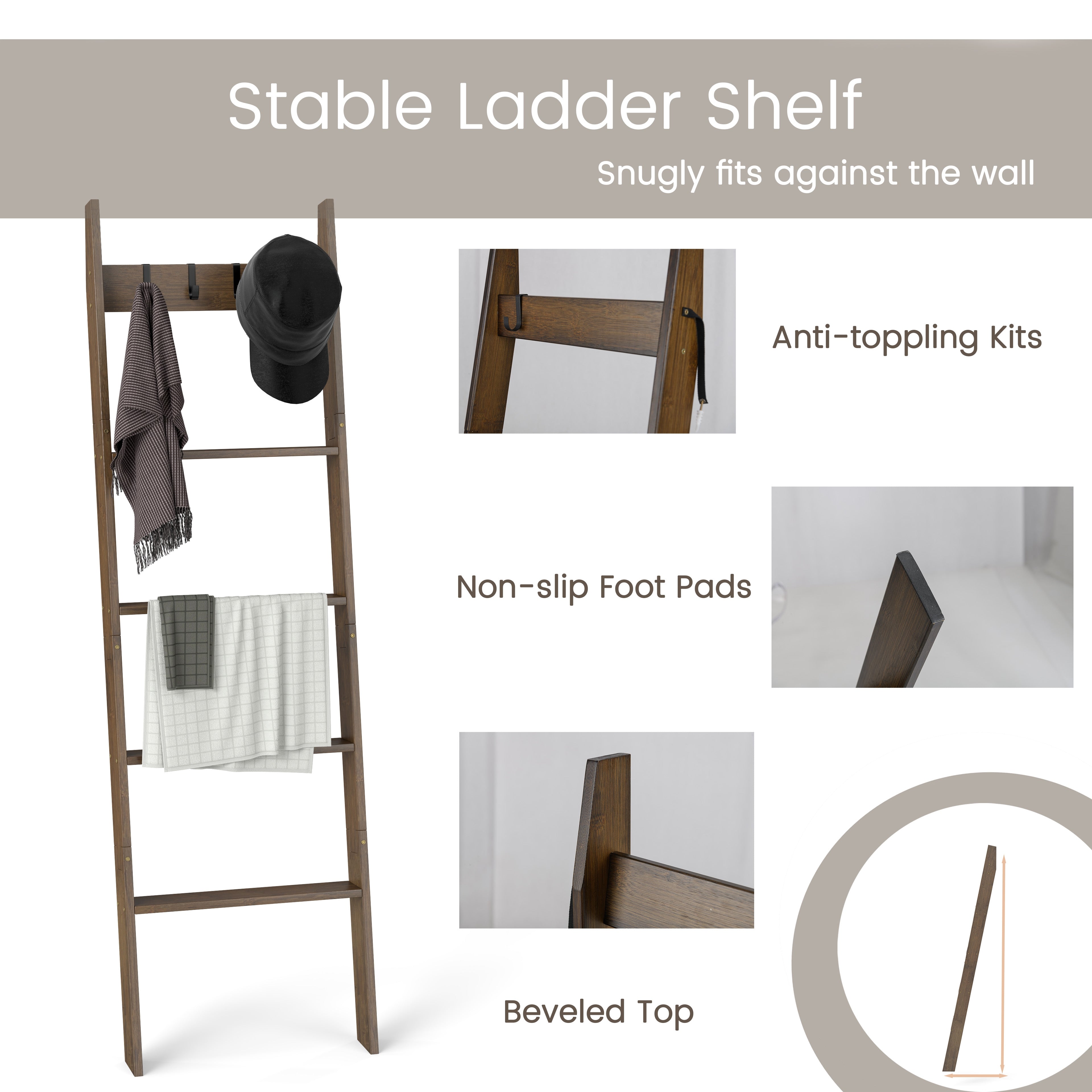 5-Tier Bamboo Ladder Bookshelf with 4 Removable Hooks, Brown Bookcases at Gallery Canada