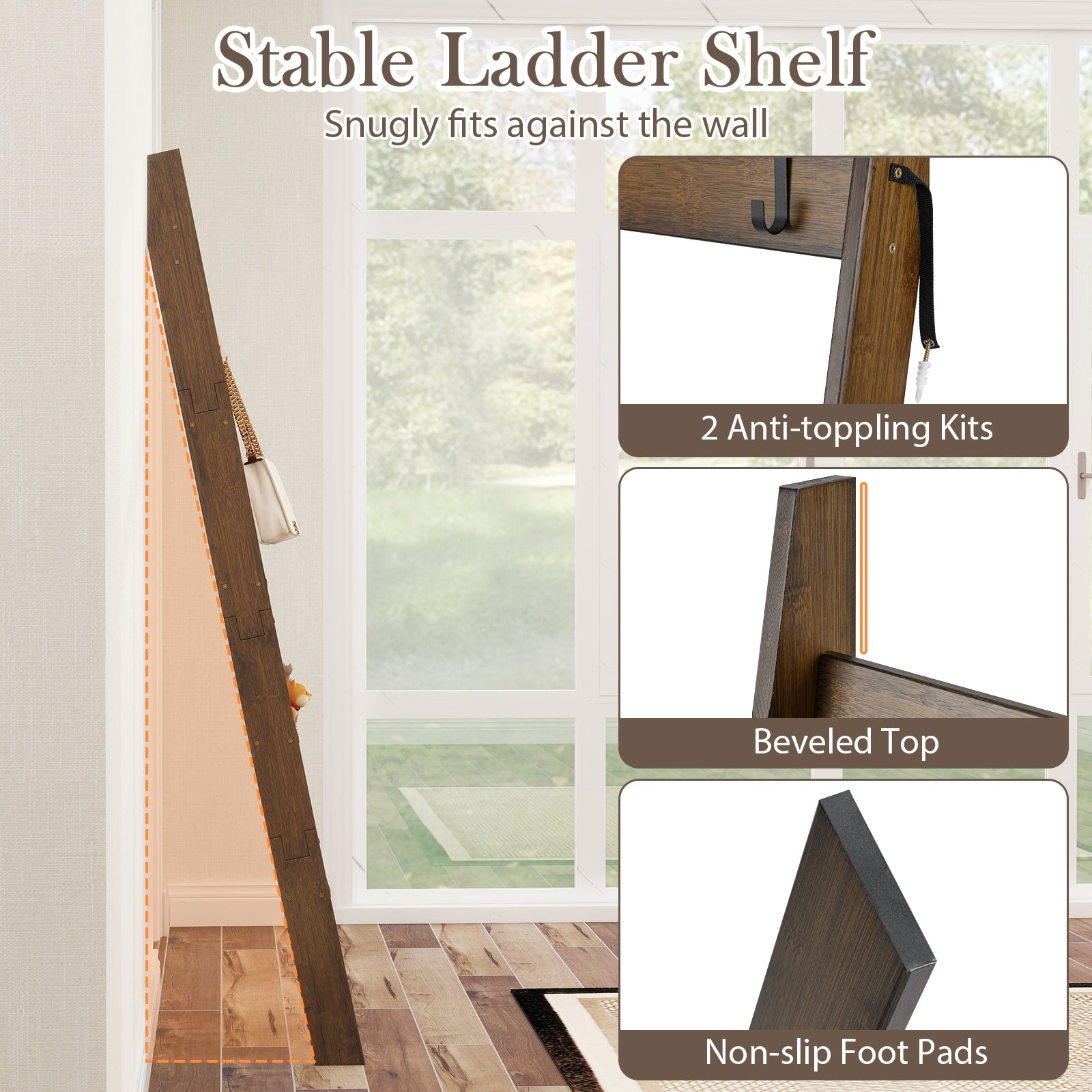 5-Tier Bamboo Ladder Bookshelf with 4 Removable Hooks, Brown Bookcases at Gallery Canada
