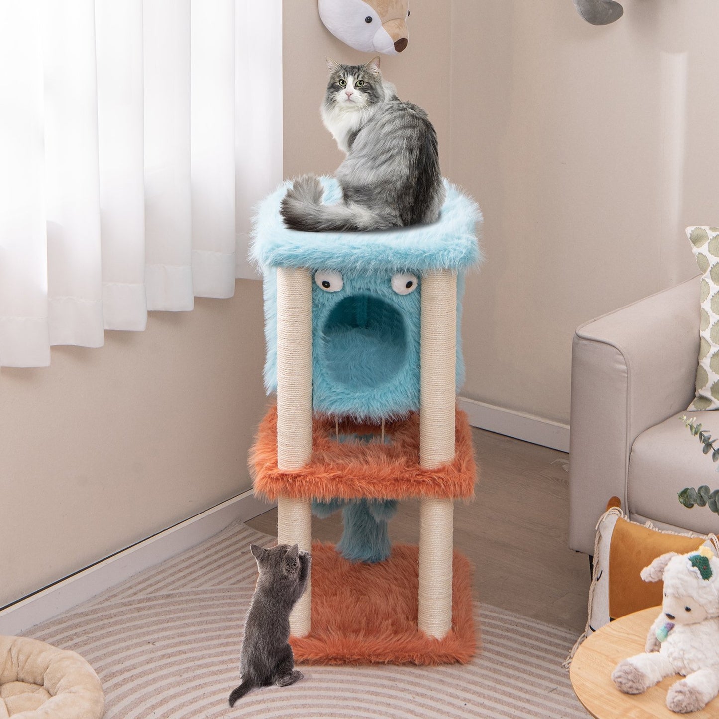 Cute Monster-Themed Cat Tower with Private Condo and Soft Long Plush, Blue Cat Trees Condos & Scratchers   at Gallery Canada