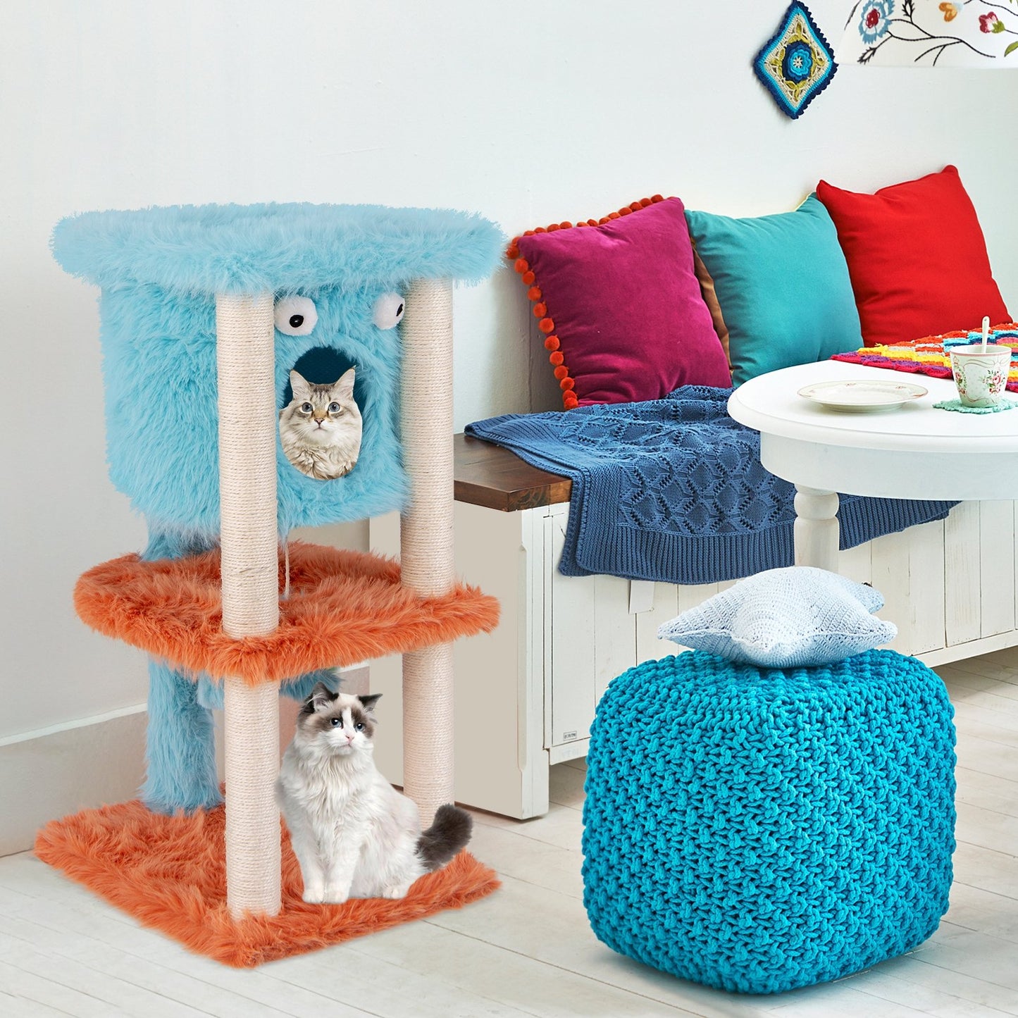 Cute Monster-Themed Cat Tower with Private Condo and Soft Long Plush, Blue Cat Trees Condos & Scratchers   at Gallery Canada