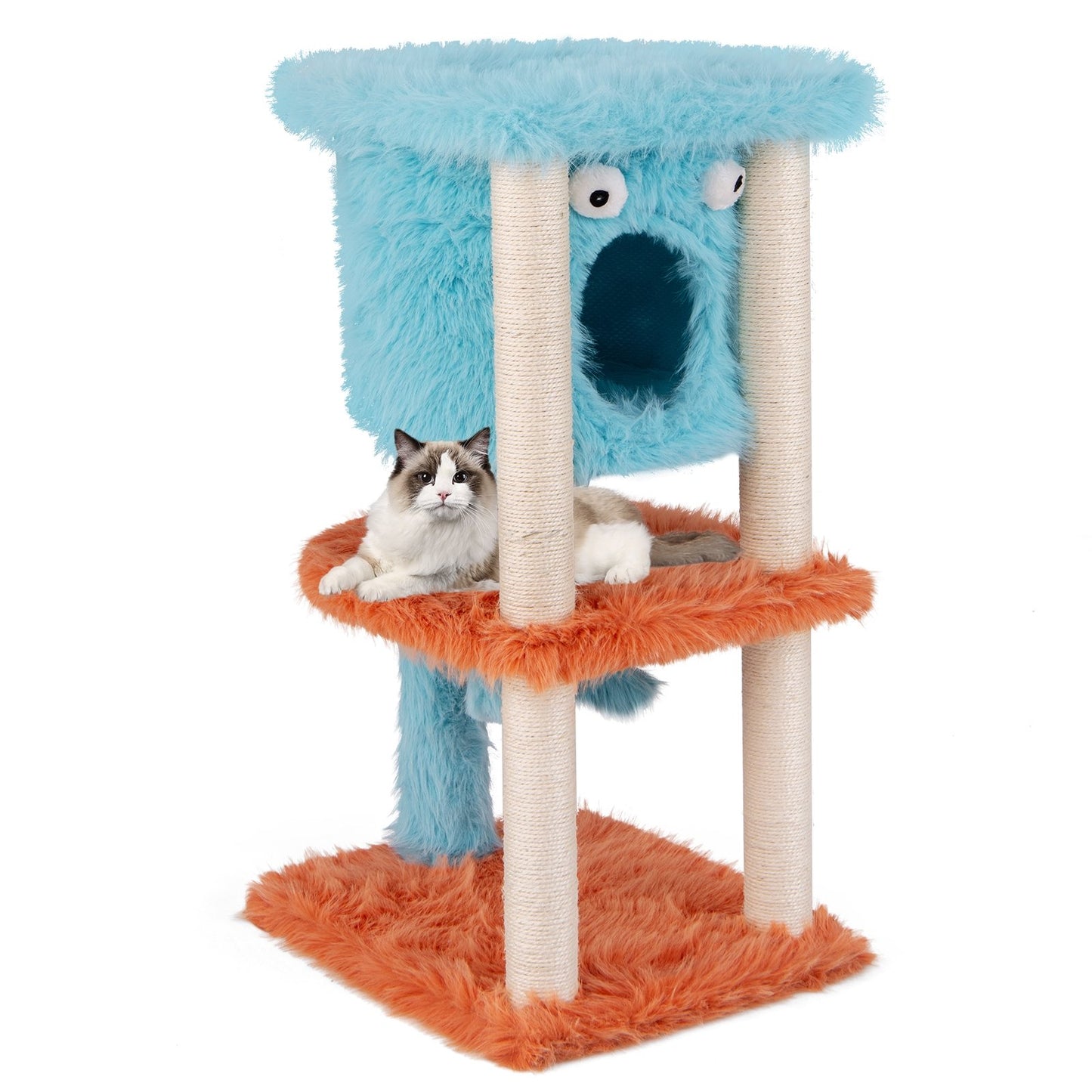 Cute Monster-Themed Cat Tower with Private Condo and Soft Long Plush, Blue Cat Trees Condos & Scratchers Blue  at Gallery Canada