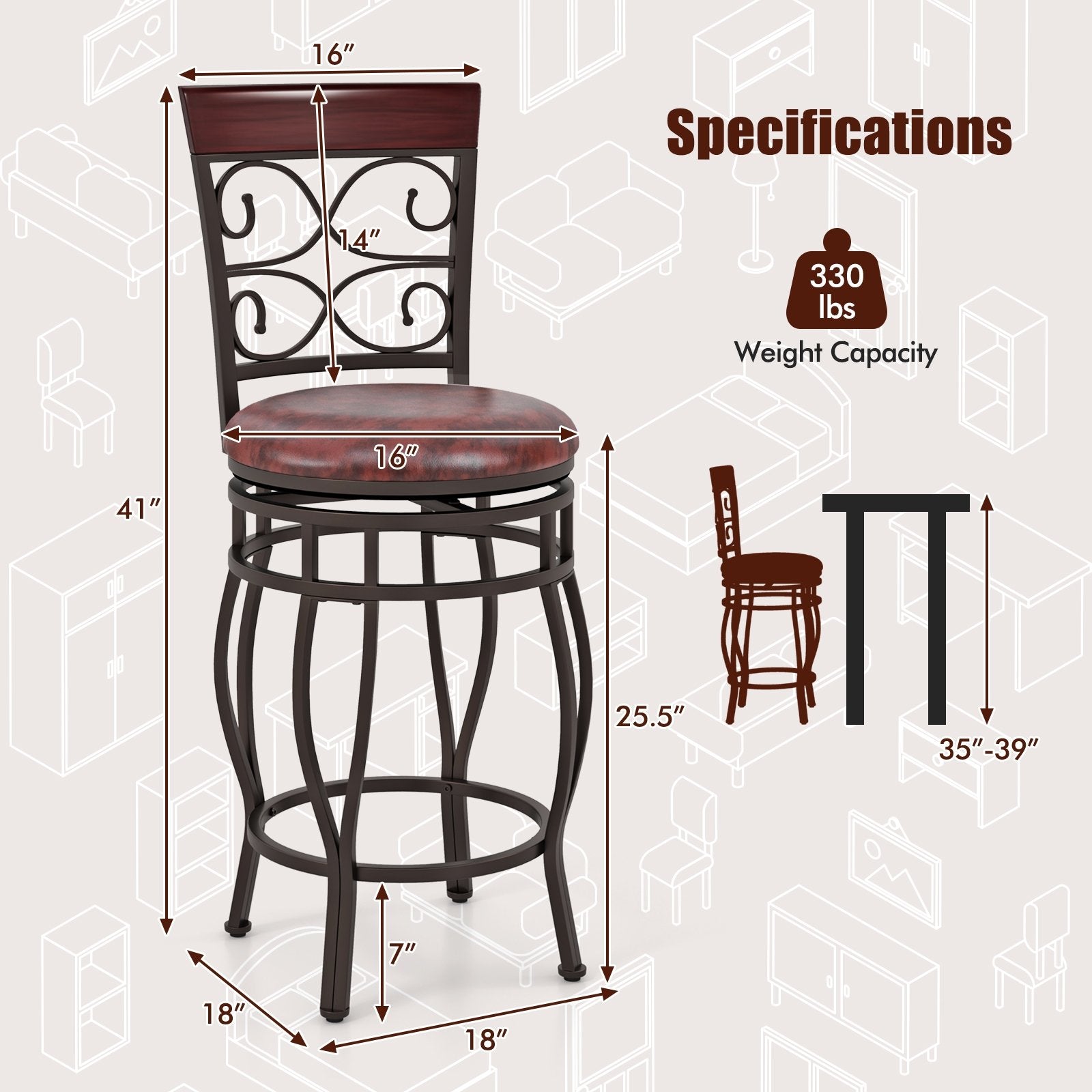 Set of 2 26 Inch Bar Stool with Backrest and Footrest, Brown Dining Chairs at Gallery Canada