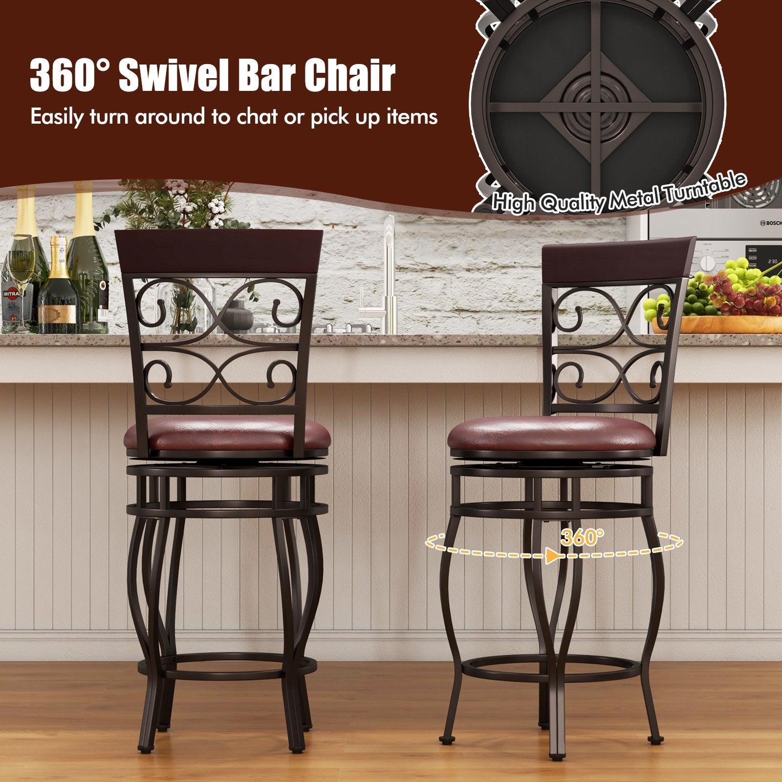 Set of 2 26 Inch Bar Stool with Backrest and Footrest, Brown Dining Chairs at Gallery Canada