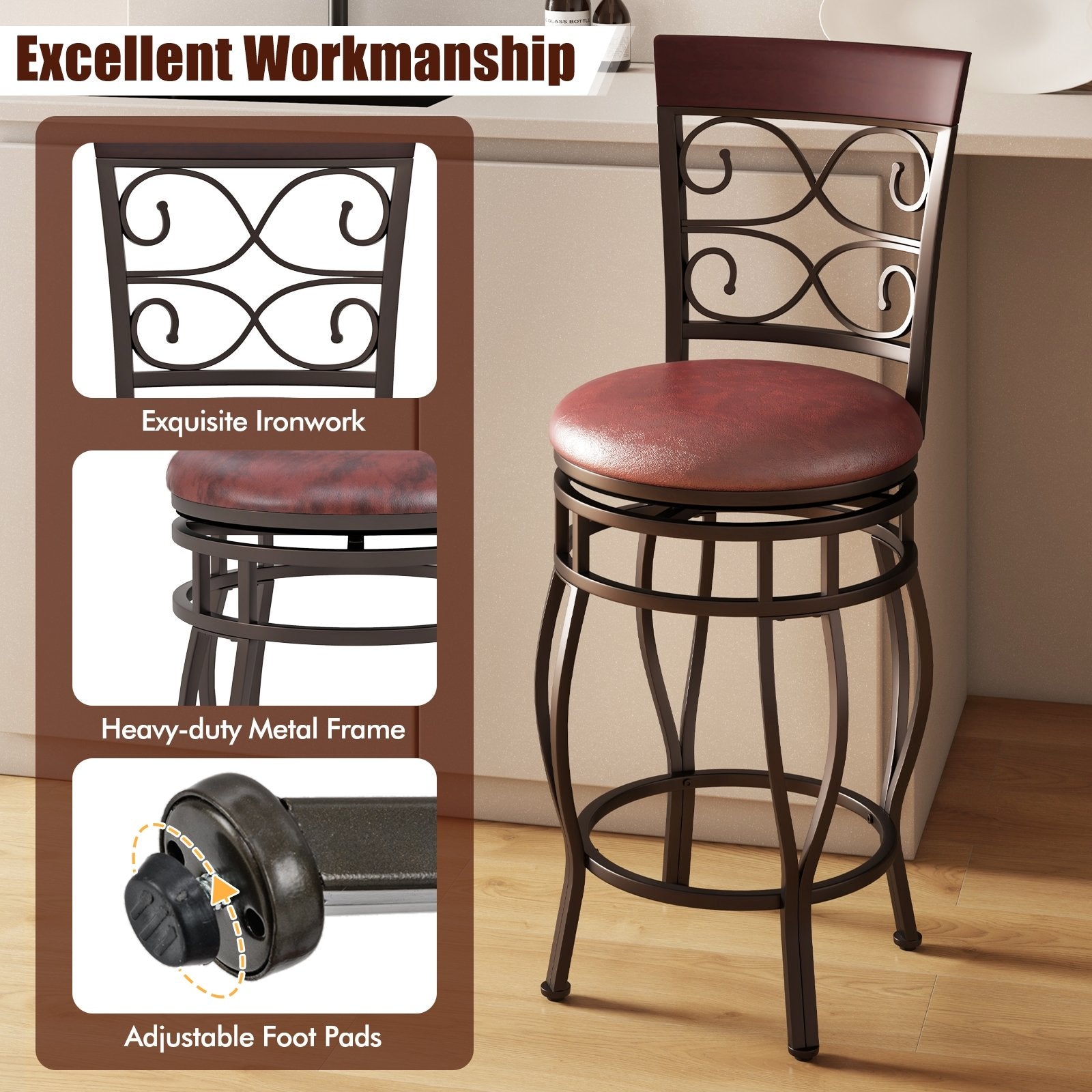 Set of 2 26 Inch Bar Stool with Backrest and Footrest, Brown Dining Chairs at Gallery Canada