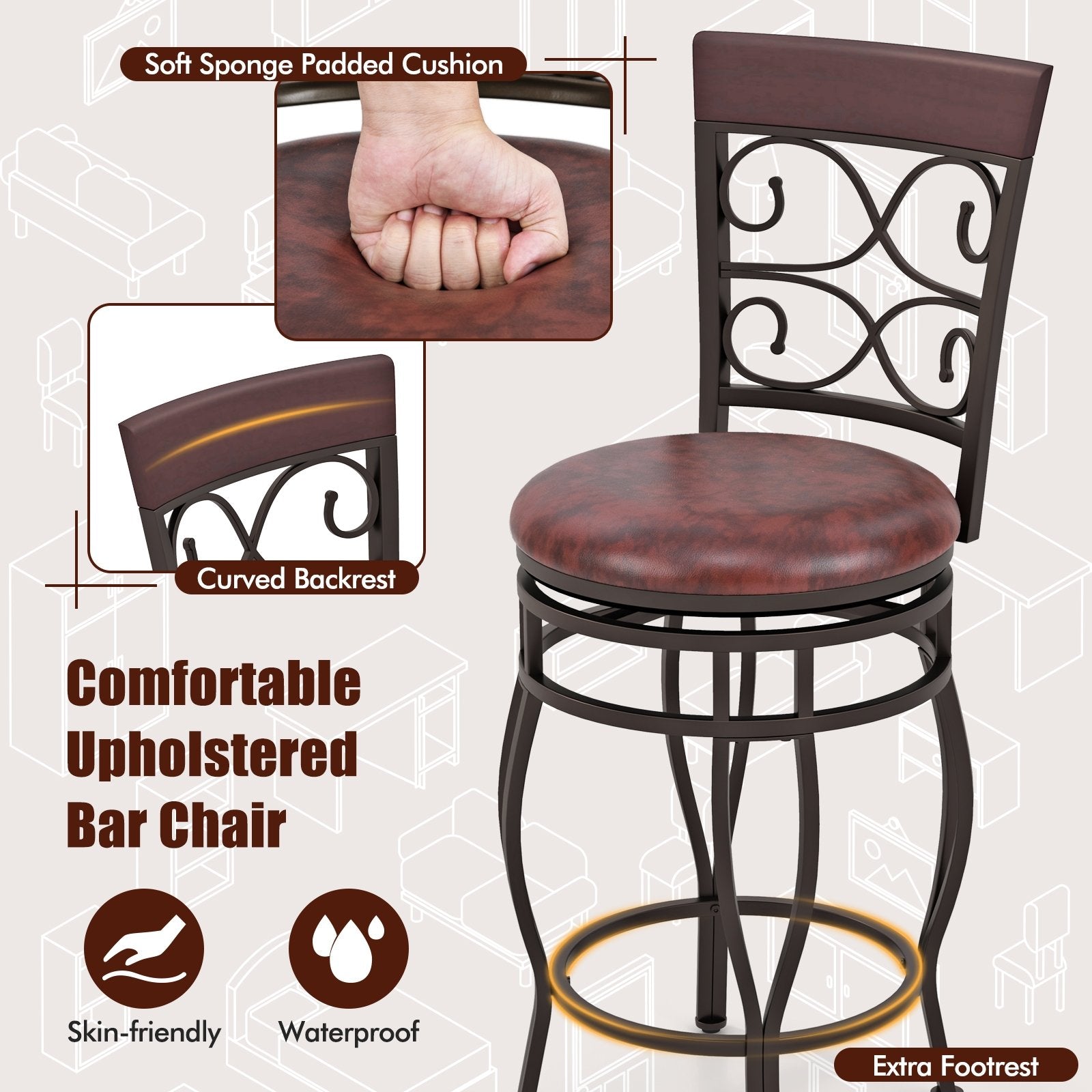 Set of 2 26 Inch Bar Stool with Backrest and Footrest, Brown Dining Chairs at Gallery Canada