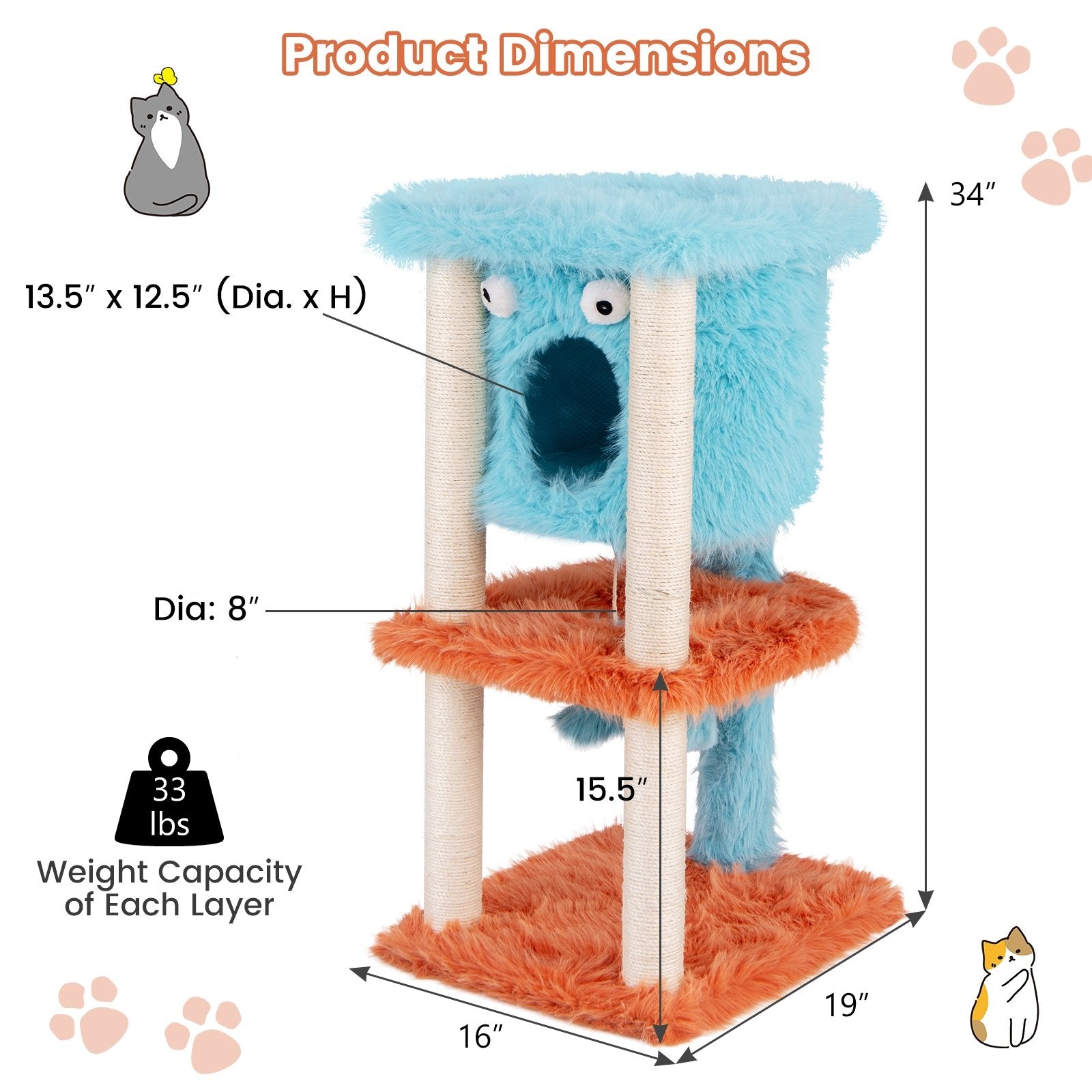 Cute Monster-Themed Cat Tower with Private Condo and Soft Long Plush, Blue Cat Trees Condos & Scratchers   at Gallery Canada