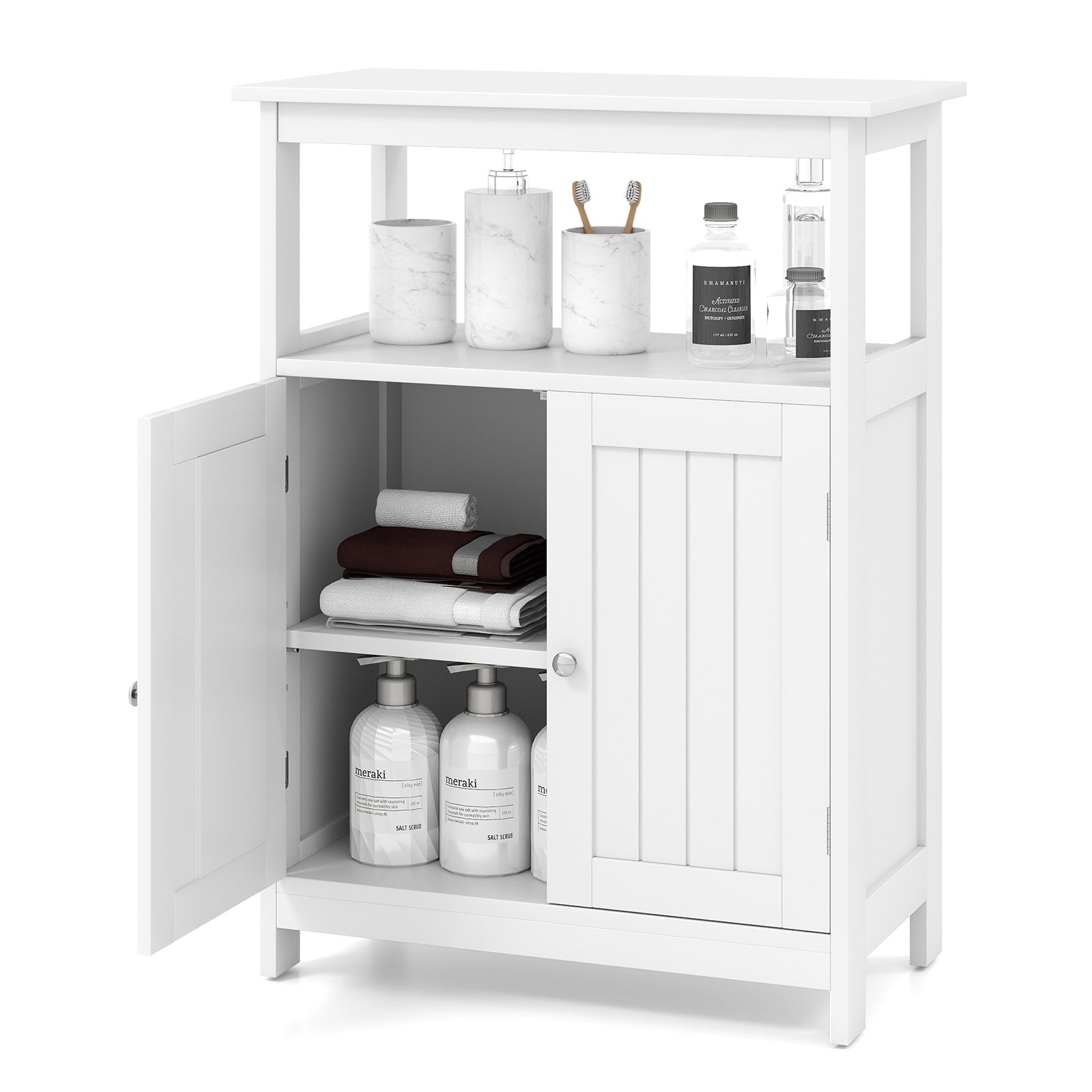 Bathroom Floor Cabinet Freestanding Storage Organizer with Open Compartment, White Floor Cabinets at Gallery Canada