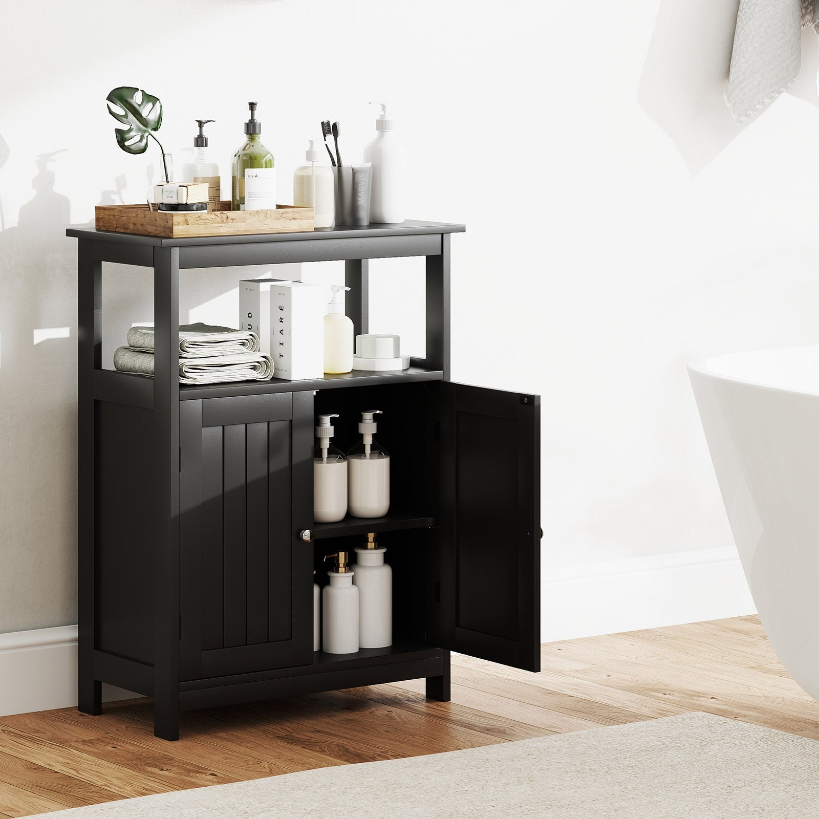 Bathroom Floor Cabinet Freestanding Storage Organizer with Open Compartment, Black Floor Cabinets at Gallery Canada