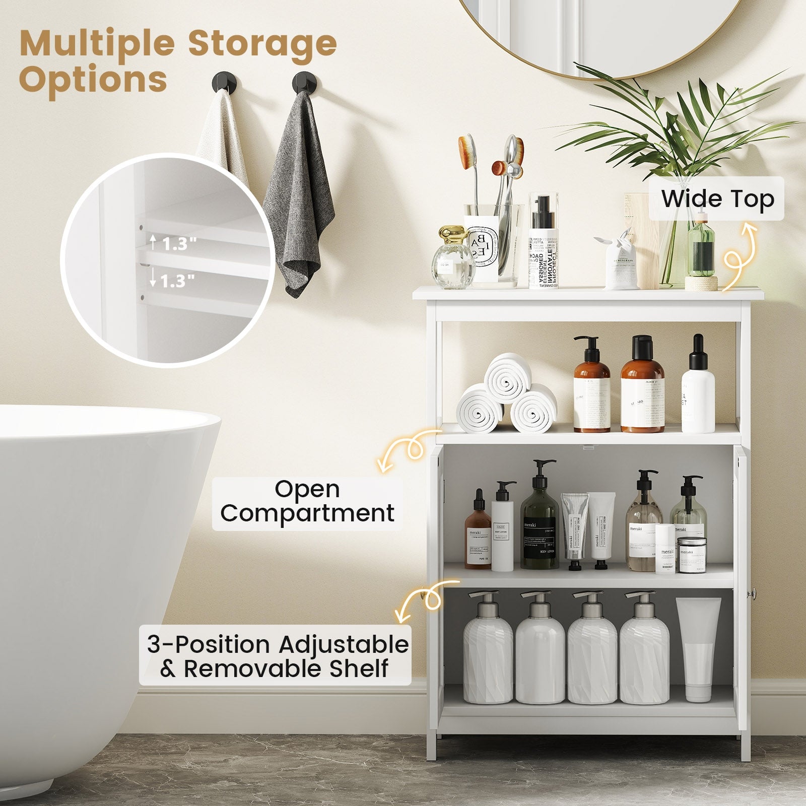 Bathroom Floor Cabinet Freestanding Storage Organizer with Open Compartment, White Floor Cabinets at Gallery Canada