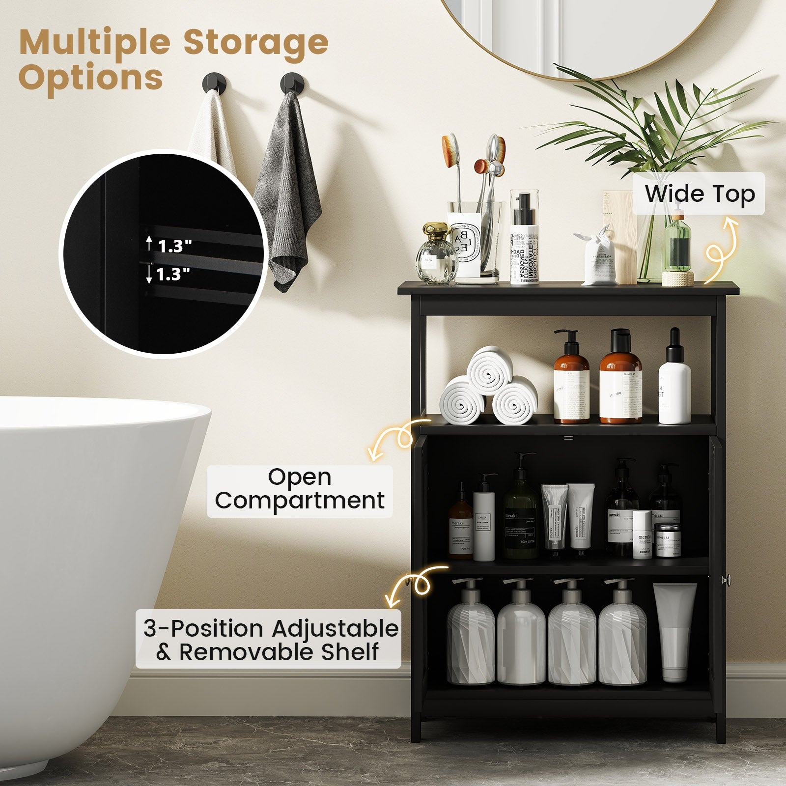 Bathroom Floor Cabinet Freestanding Storage Organizer with Open Compartment, Black Floor Cabinets at Gallery Canada