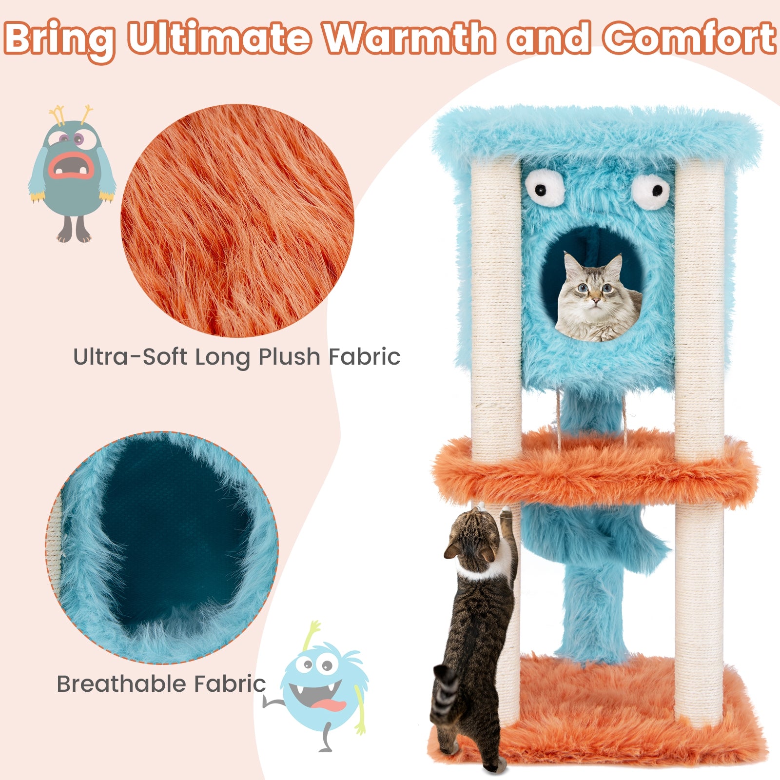 Cute Monster-Themed Cat Tower with Private Condo and Soft Long Plush, Blue Cat Trees Condos & Scratchers   at Gallery Canada