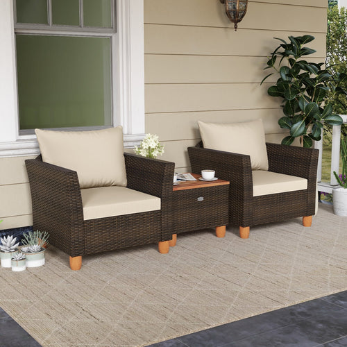 3 Pieces Patio PE Wicker Furniture Set with Cushions and Acacia Wood Storage Coffee Table, Beige