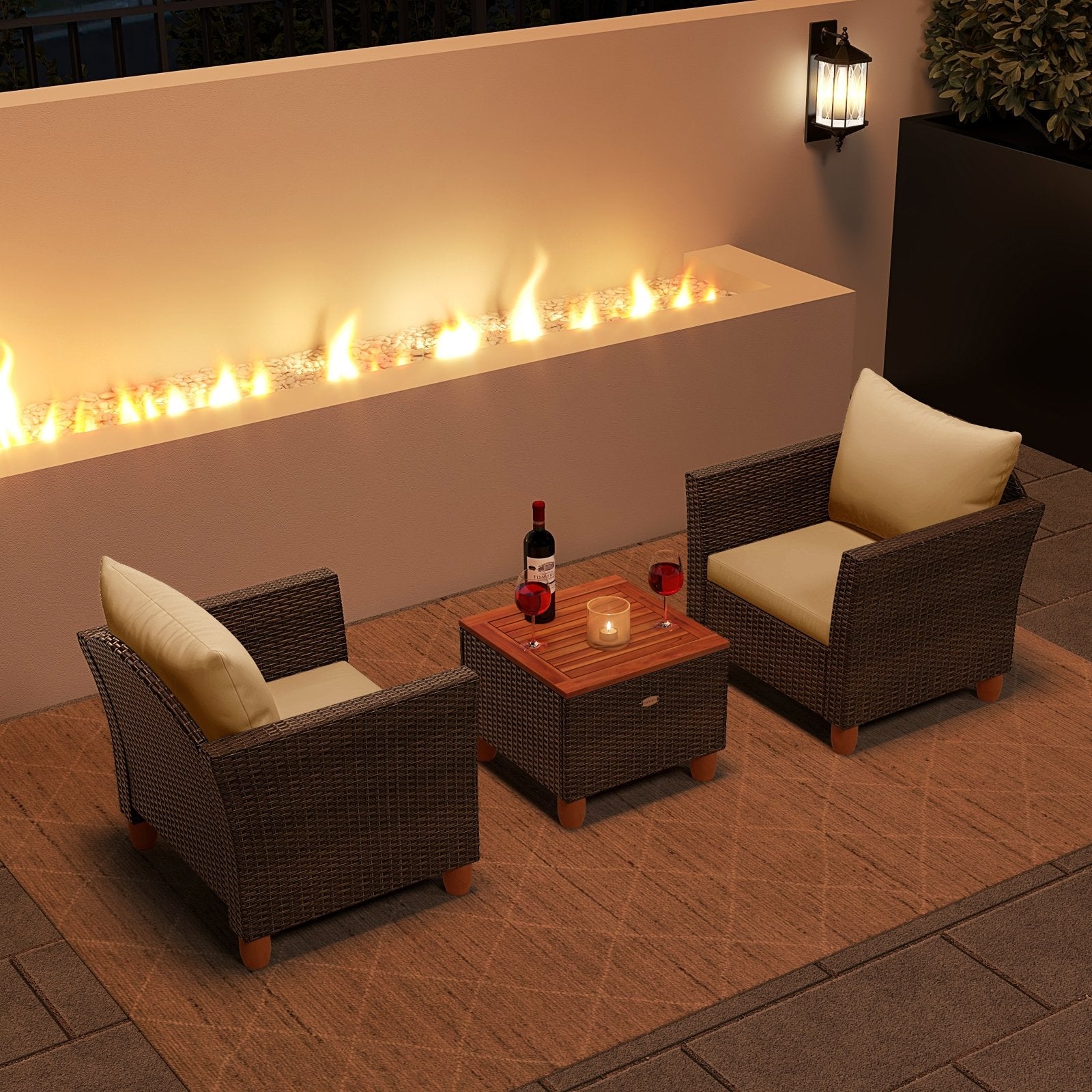 3 Pieces Patio PE Wicker Furniture Set with Cushions and Acacia Wood Storage Coffee Table, Beige Patio Conversation Sets at Gallery Canada
