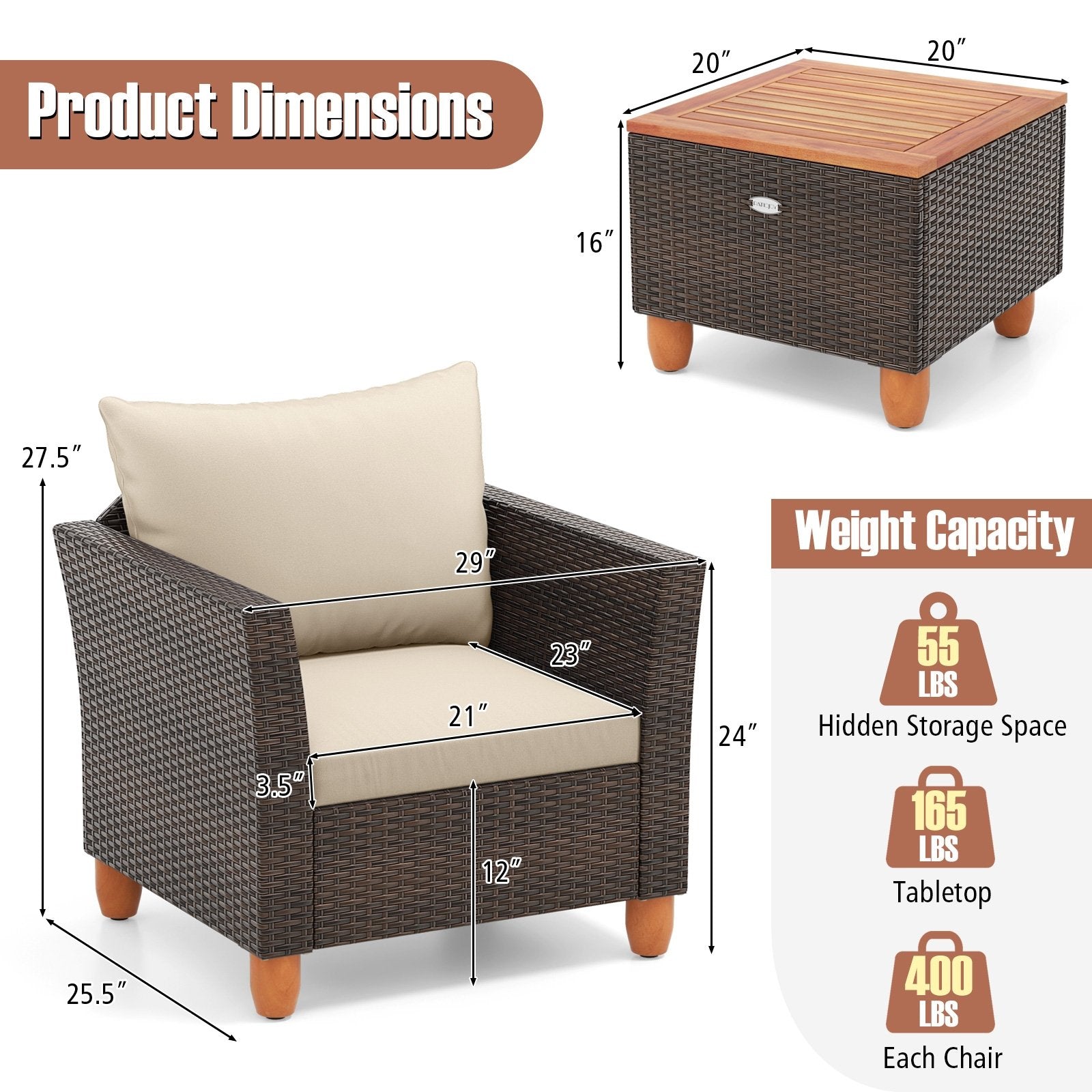 3 Pieces Patio PE Wicker Furniture Set with Cushions and Acacia Wood Storage Coffee Table, Beige Patio Conversation Sets at Gallery Canada