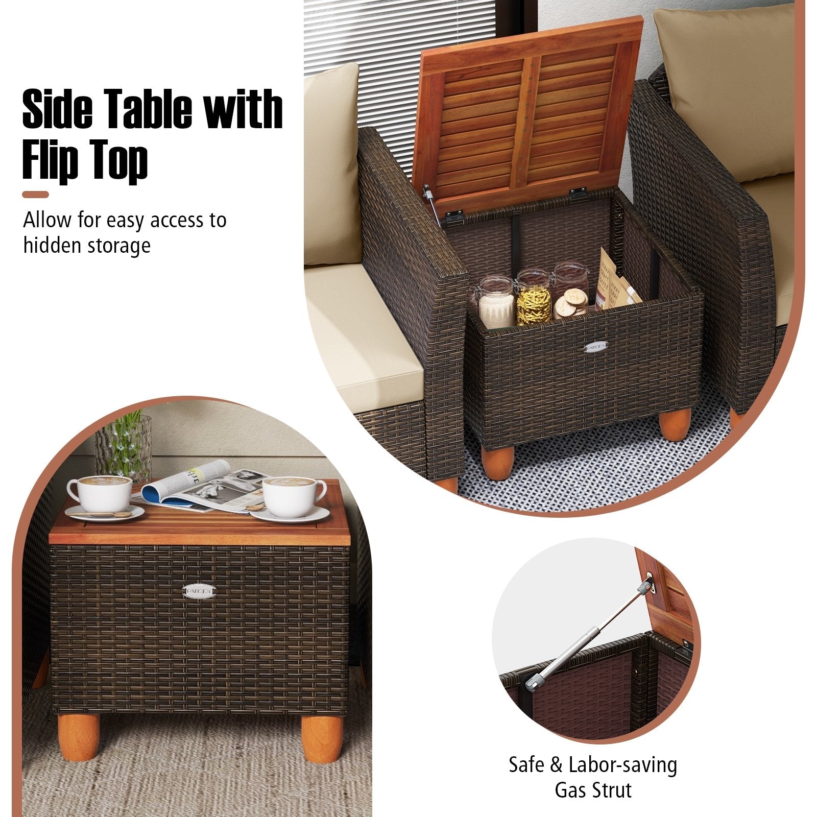 3 Pieces Patio PE Wicker Furniture Set with Cushions and Acacia Wood Storage Coffee Table, Beige Patio Conversation Sets at Gallery Canada