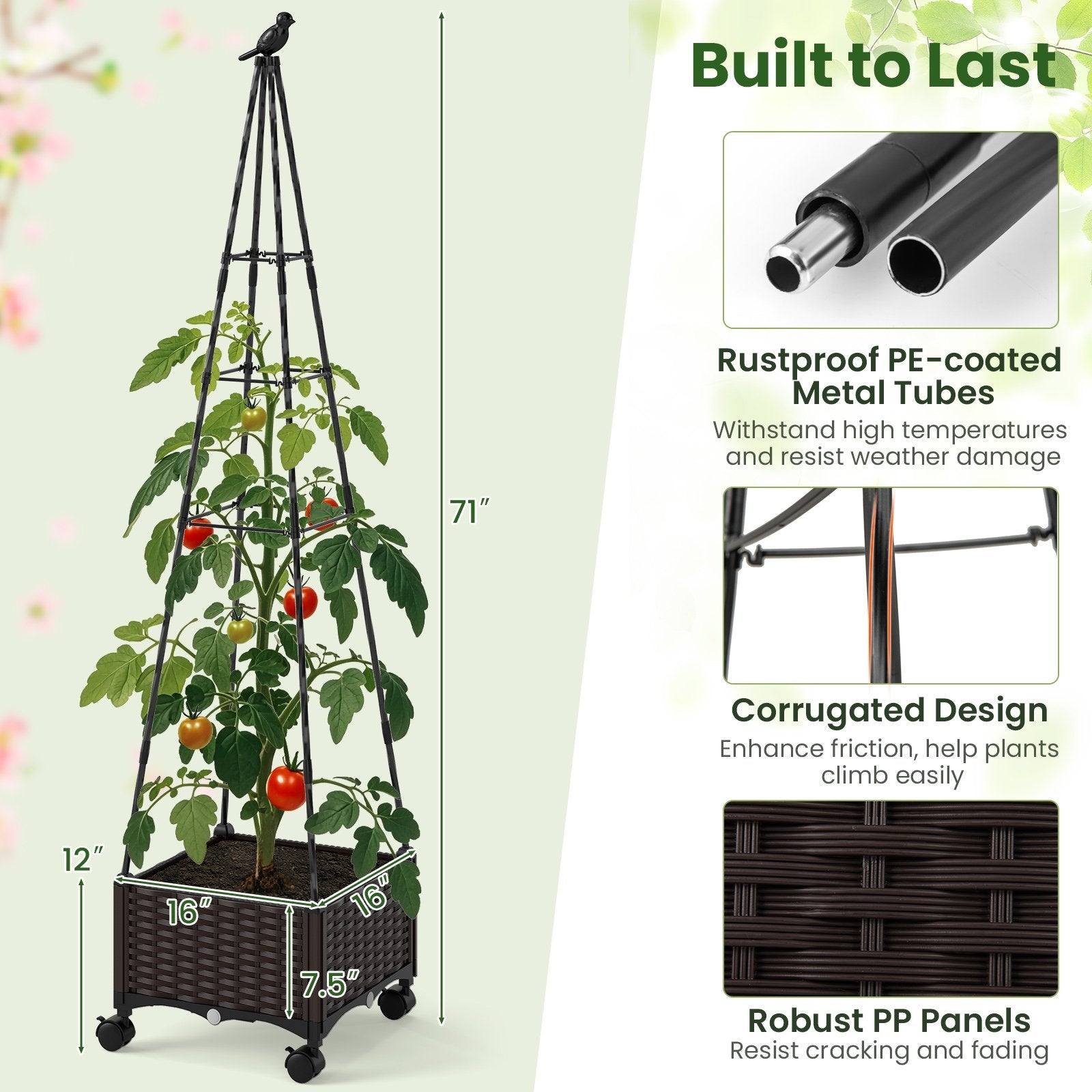 Raised Garden Bed Adjustable with Plant Box and Trellis with Lockable Wheels, Brown Raised Garden Beds at Gallery Canada