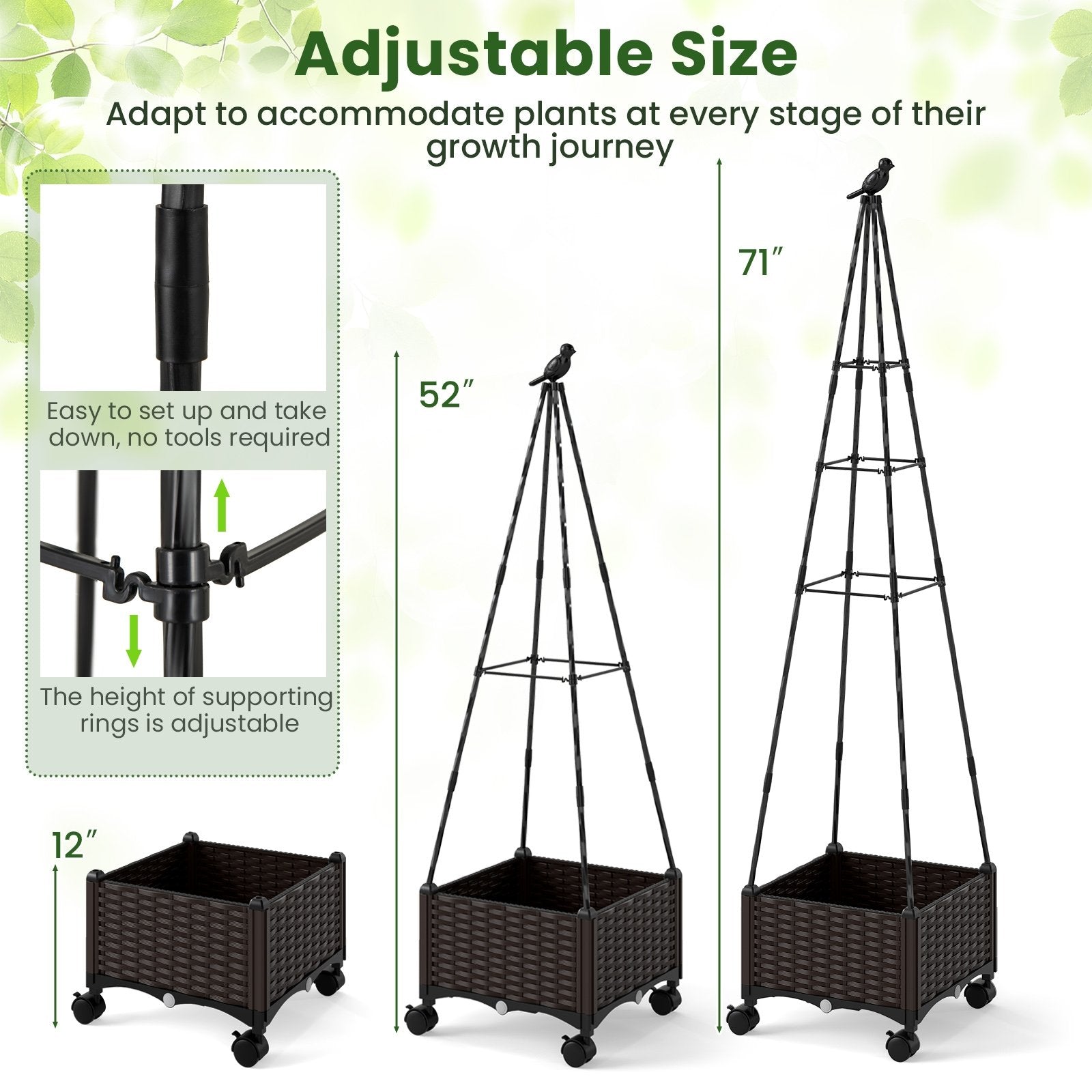Raised Garden Bed Adjustable with Plant Box and Trellis with Lockable Wheels, Brown Raised Garden Beds at Gallery Canada