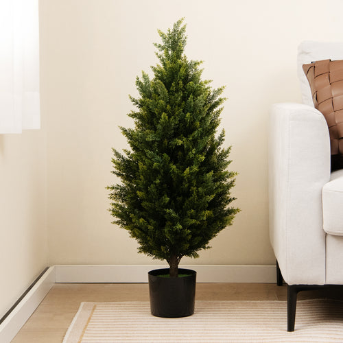 3 Feet Artificial Topiary Cedar Tree with Cement Plastic Pot and Faux Moss, Green