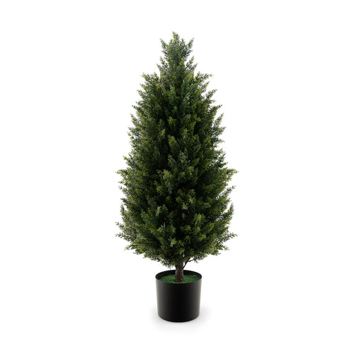 3 Feet Artificial Topiary Cedar Tree with Cement Plastic Pot and Faux Moss, Green