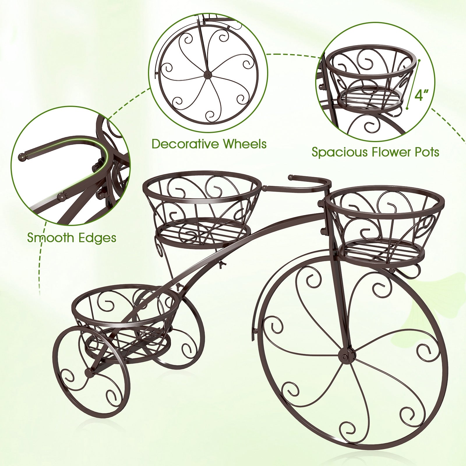 Tricycle Plant Stand Flower Pot Cart Holder with 3 Hollowed Baskets, Bronze Plant Stands at Gallery Canada
