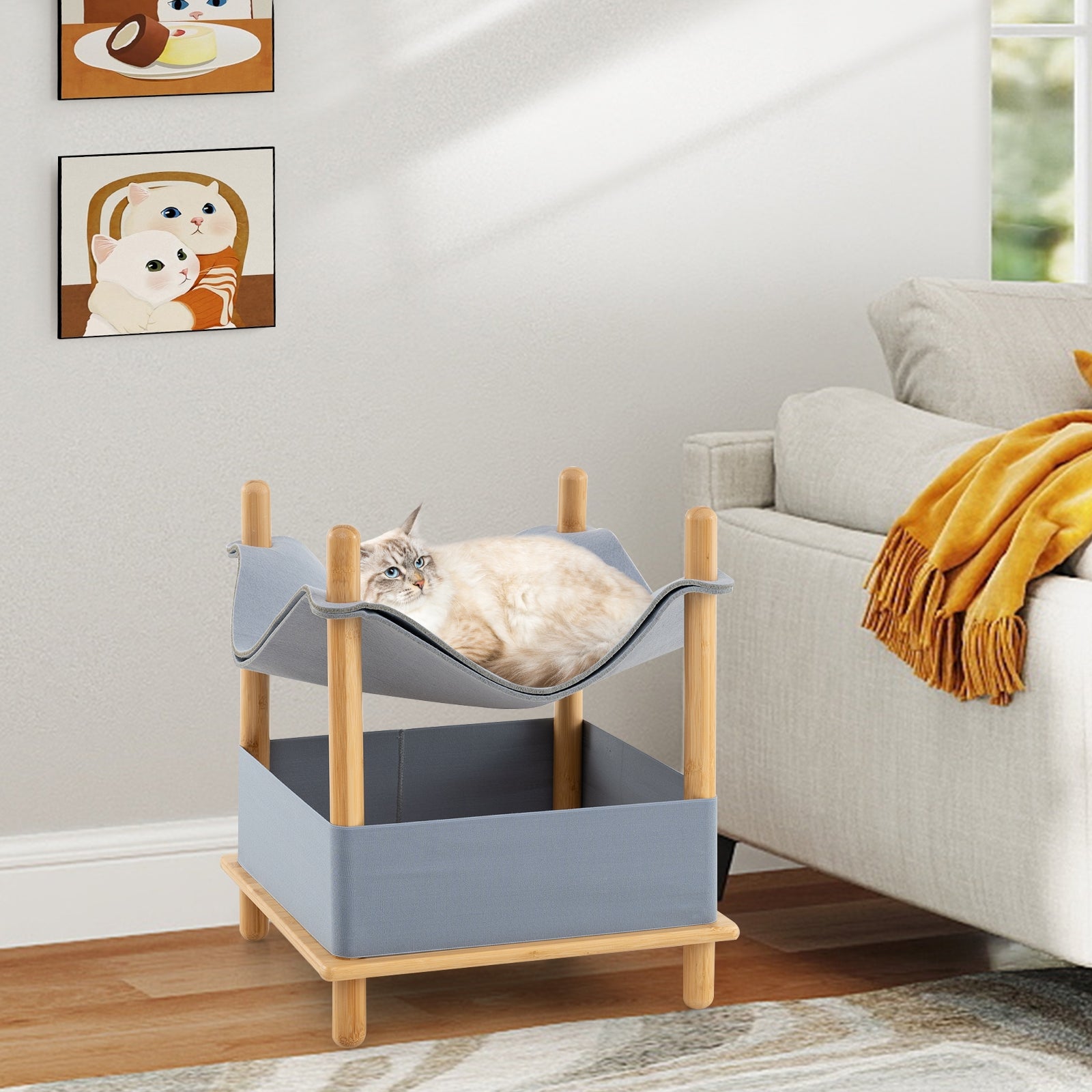 2-Tier Wooden Cat House with Semi-enclosed Condo and Removable Clothes, Gray Cat Trees Condos & Scratchers at Gallery Canada
