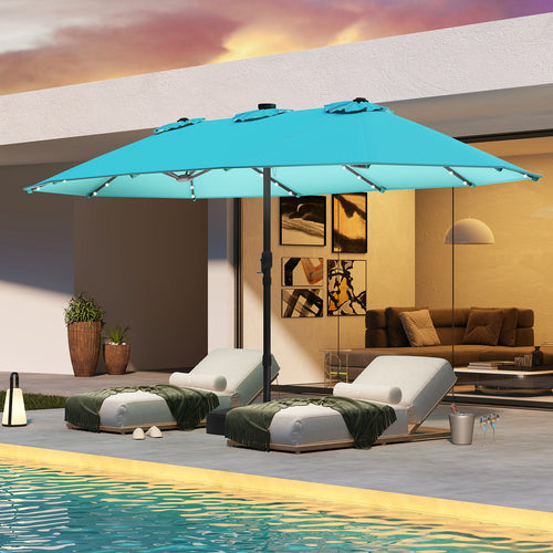 15 Feet Double-Sided Patio Umbrella with 48 LED Lights, Turquoise