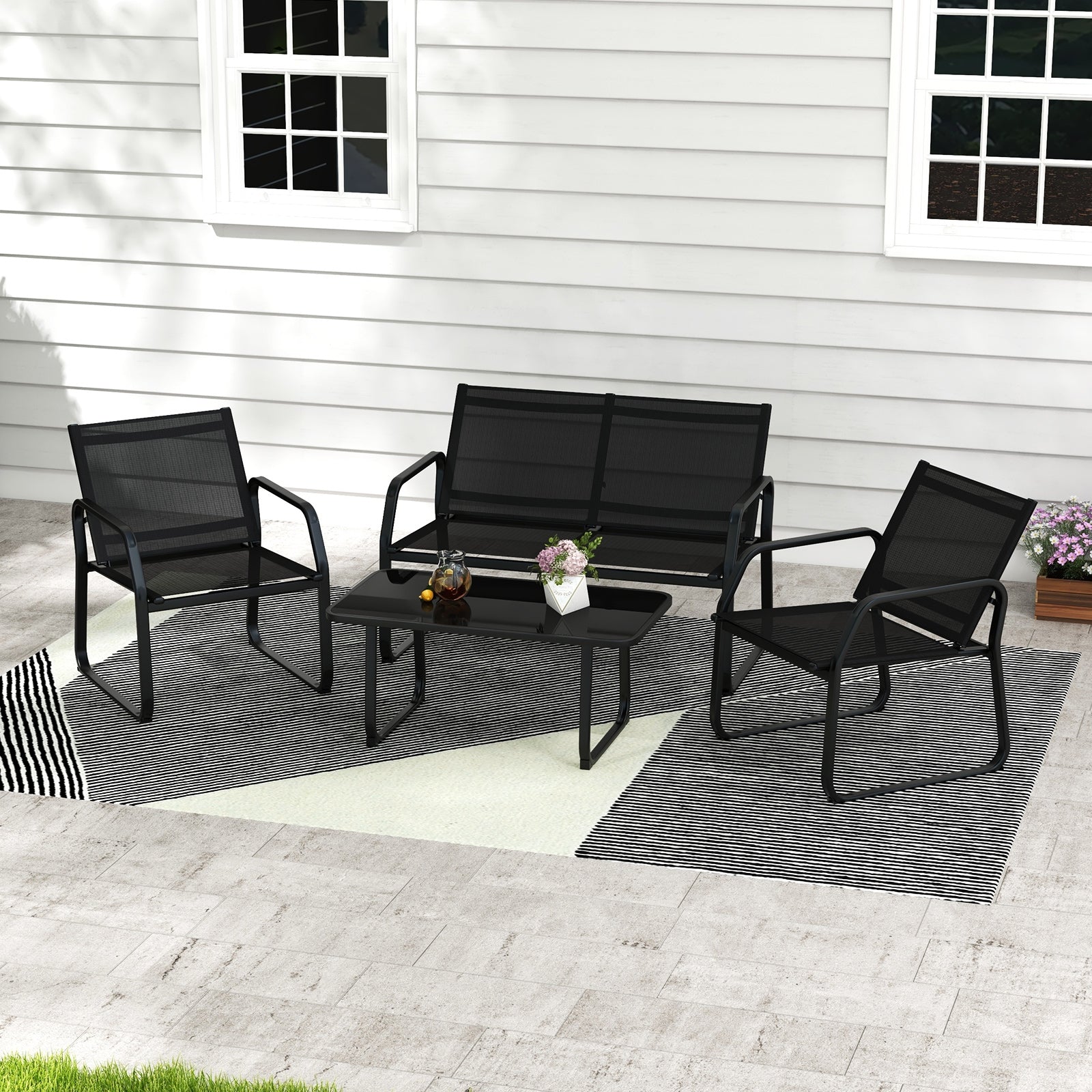 4 Pieces Patio Conversation Set with Breathable Fabric Seat and Tempered Glass Tabletop, Black Patio Conversation Sets at Gallery Canada