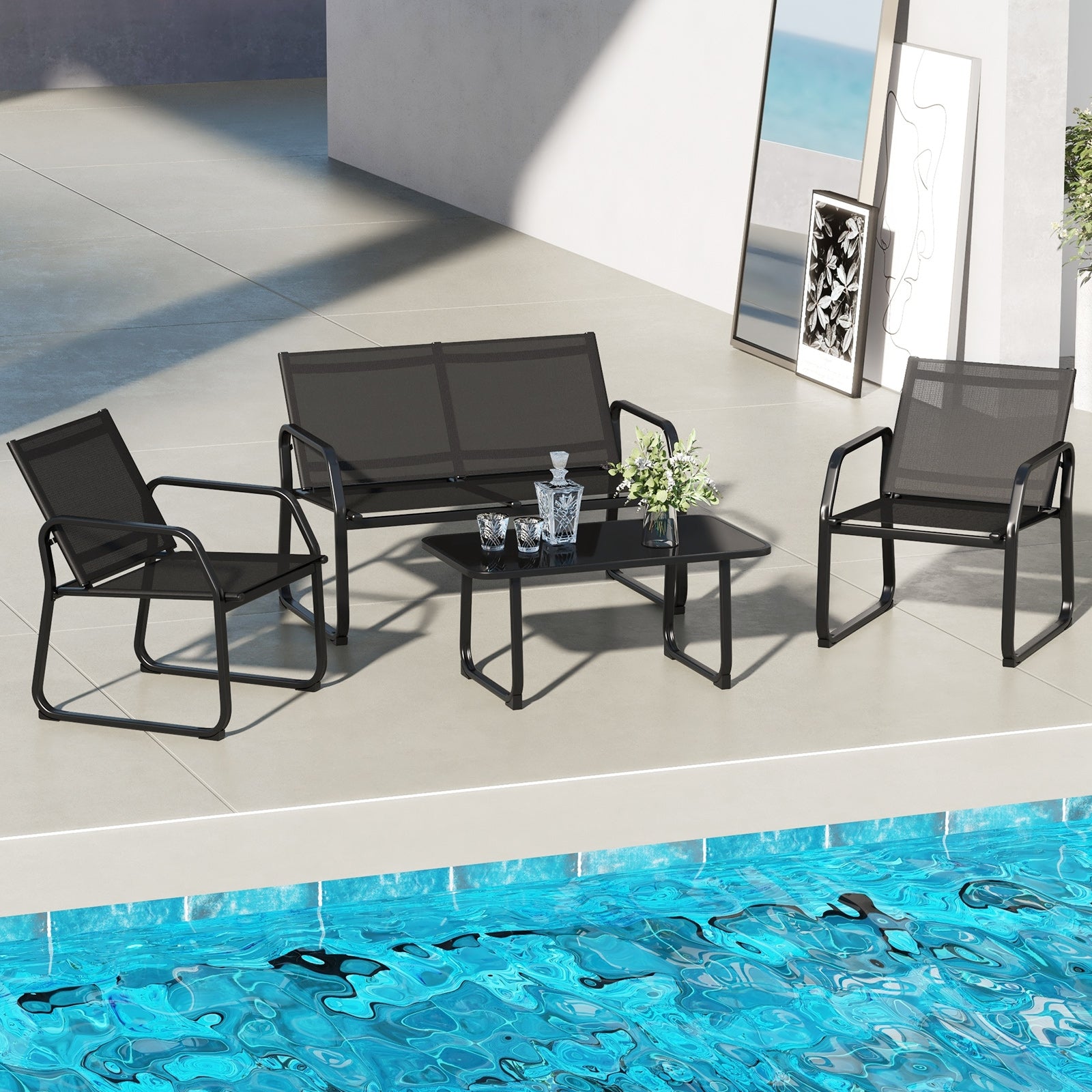 4 Pieces Patio Conversation Set with Breathable Fabric Seat and Tempered Glass Tabletop, Black Patio Conversation Sets at Gallery Canada