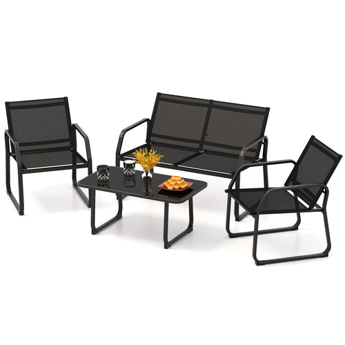 4 Pieces Patio Conversation Set with Breathable Fabric Seat and Tempered Glass Tabletop, Black