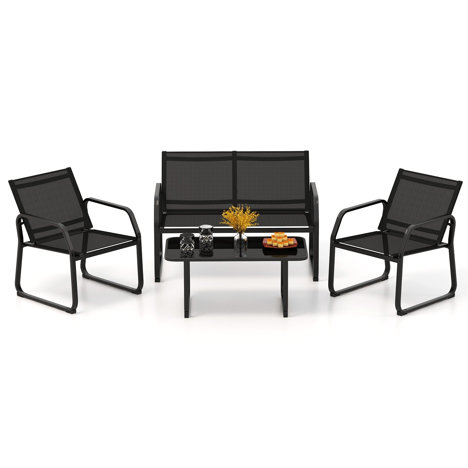 4 Pieces Patio Conversation Set with Breathable Fabric Seat and Tempered Glass Tabletop, Black Patio Conversation Sets at Gallery Canada