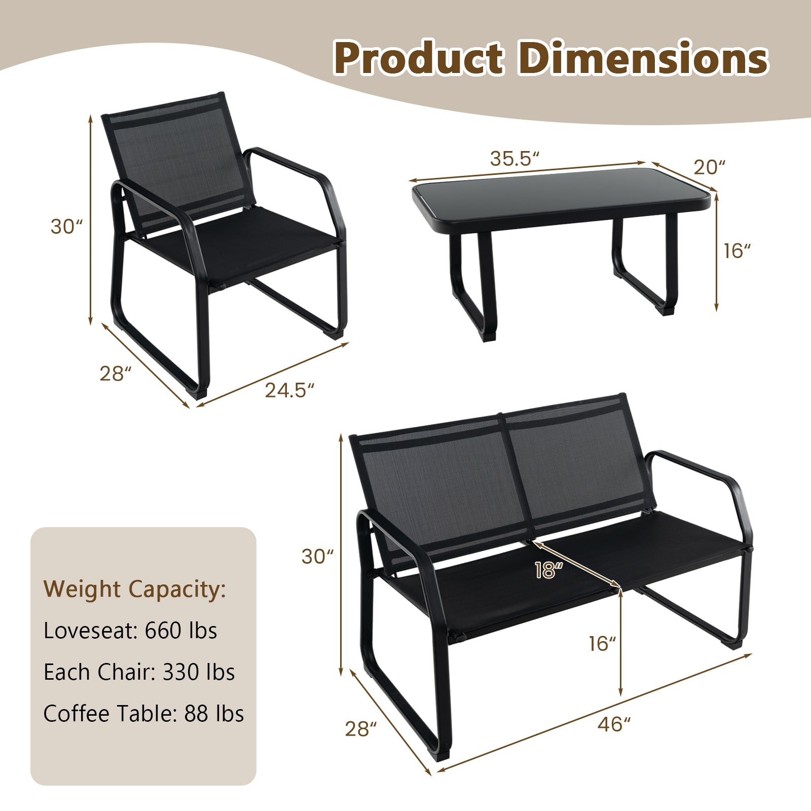 4 Pieces Patio Conversation Set with Breathable Fabric Seat and Tempered Glass Tabletop, Black Patio Conversation Sets at Gallery Canada