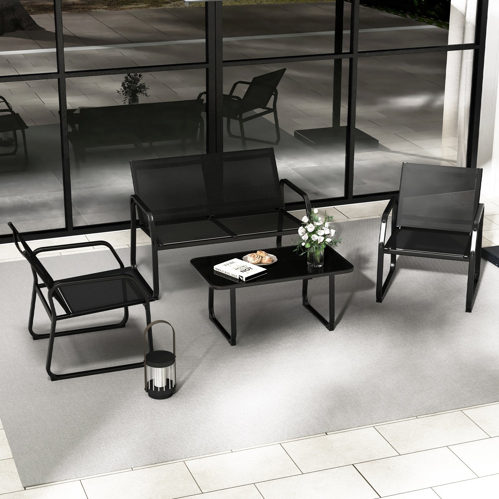 4 Pieces Patio Conversation Set with Breathable Fabric Seat and Tempered Glass Tabletop, Black Patio Conversation Sets at Gallery Canada