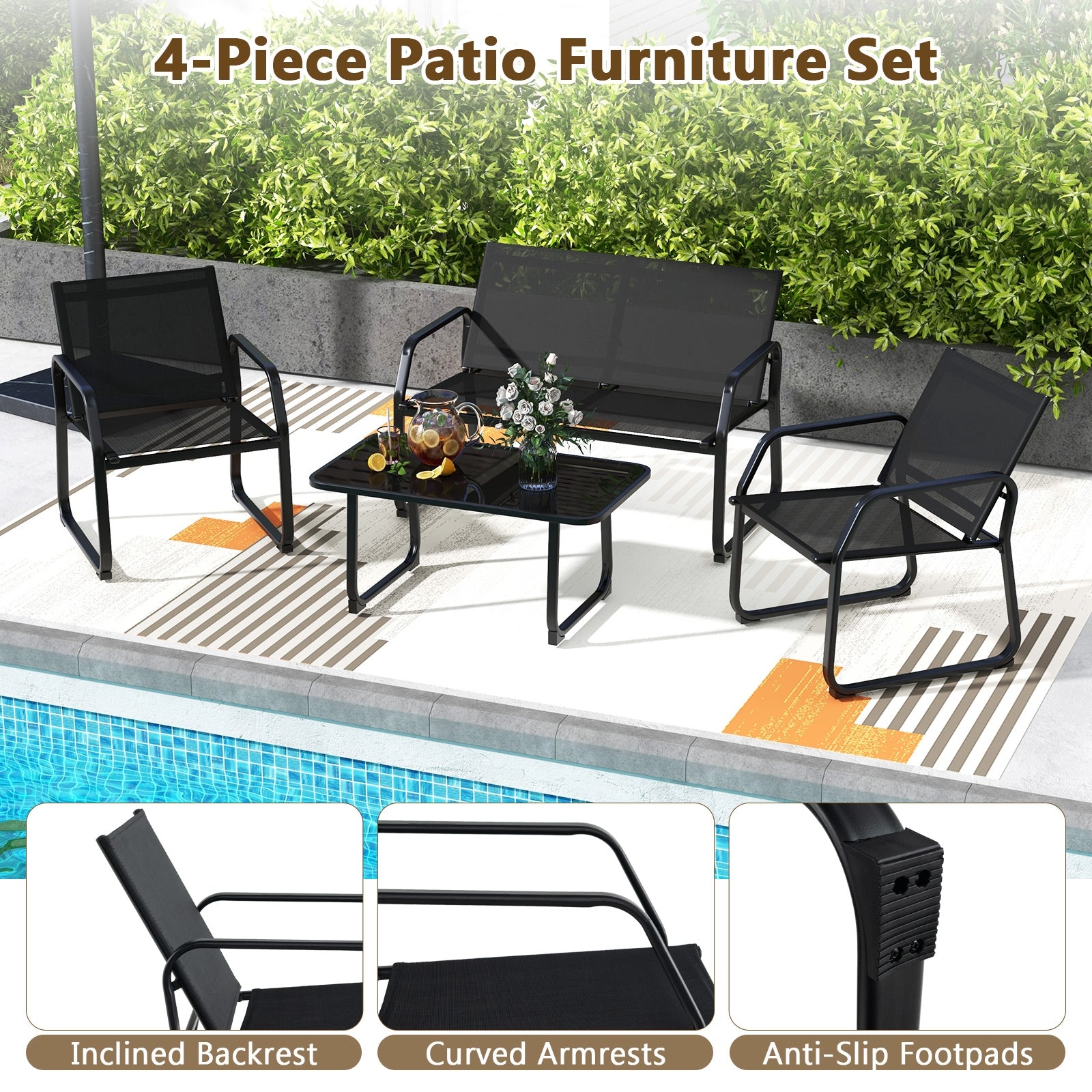 4 Pieces Patio Conversation Set with Breathable Fabric Seat and Tempered Glass Tabletop, Black Patio Conversation Sets at Gallery Canada