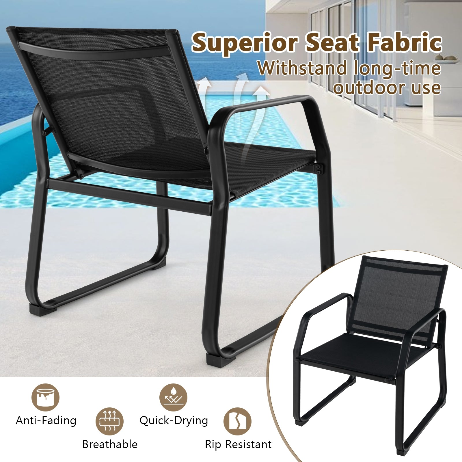 4 Pieces Patio Conversation Set with Breathable Fabric Seat and Tempered Glass Tabletop, Black Patio Conversation Sets at Gallery Canada