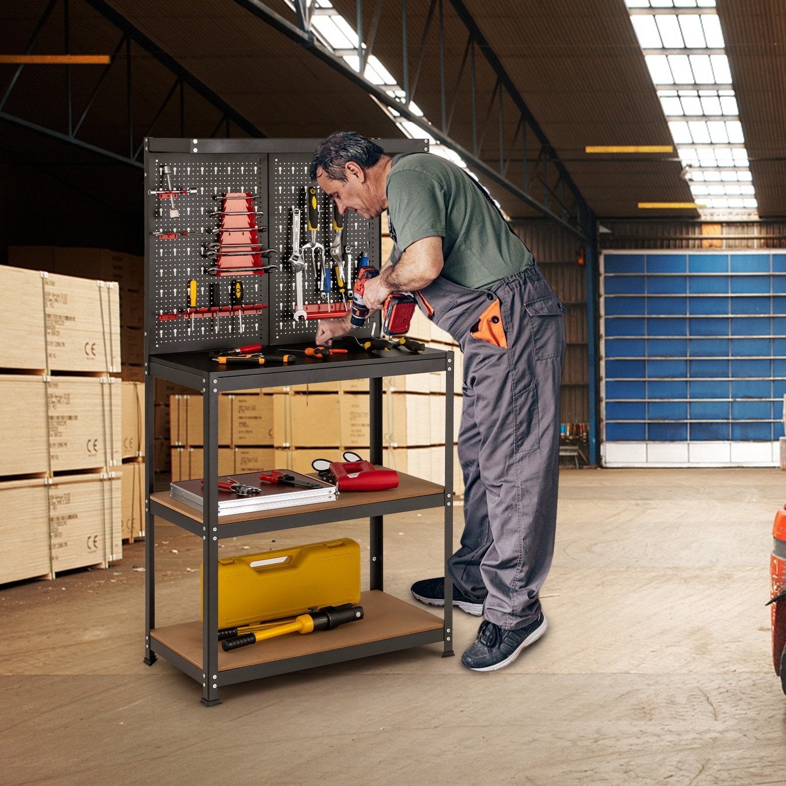 Tool Storage Workbench with Peg Board 2 Lower Shelves 14 Hanging Accessories, Black Garages at Gallery Canada