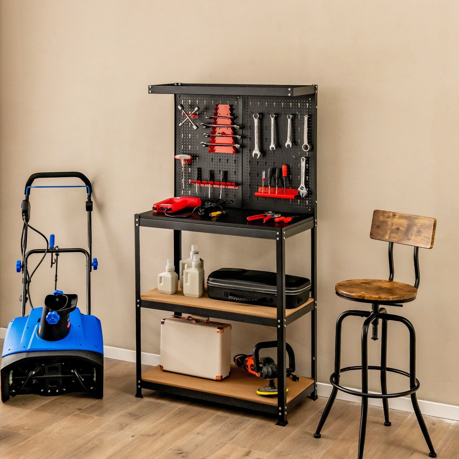 Tool Storage Workbench with Peg Board 2 Lower Shelves 14 Hanging Accessories, Black Garages at Gallery Canada