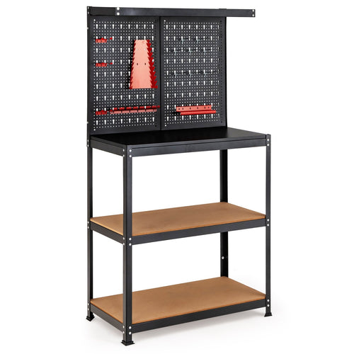Tool Storage Workbench with Peg Board 2 Lower Shelves 14 Hanging Accessories, Black