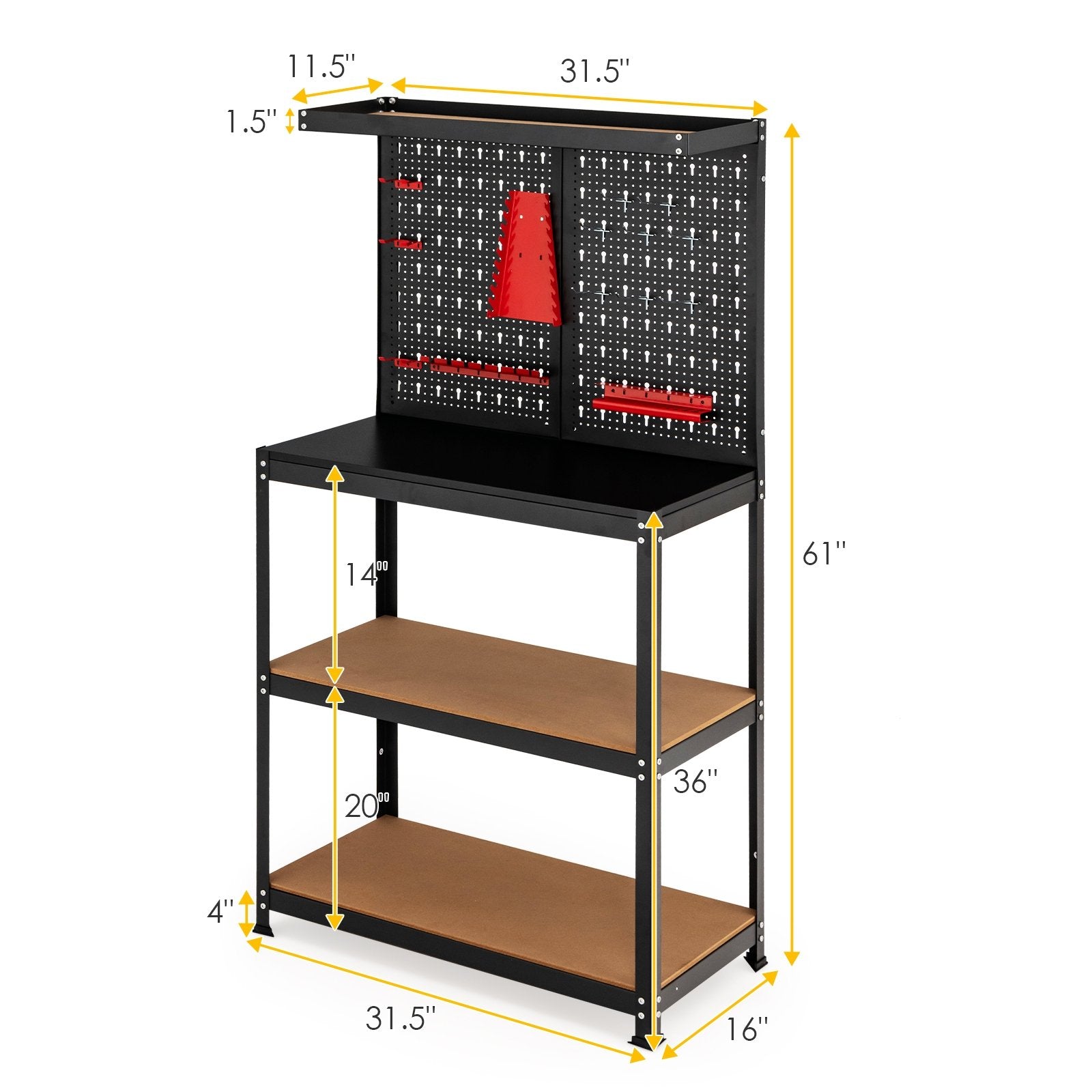 Tool Storage Workbench with Peg Board 2 Lower Shelves 14 Hanging Accessories, Black Garages at Gallery Canada