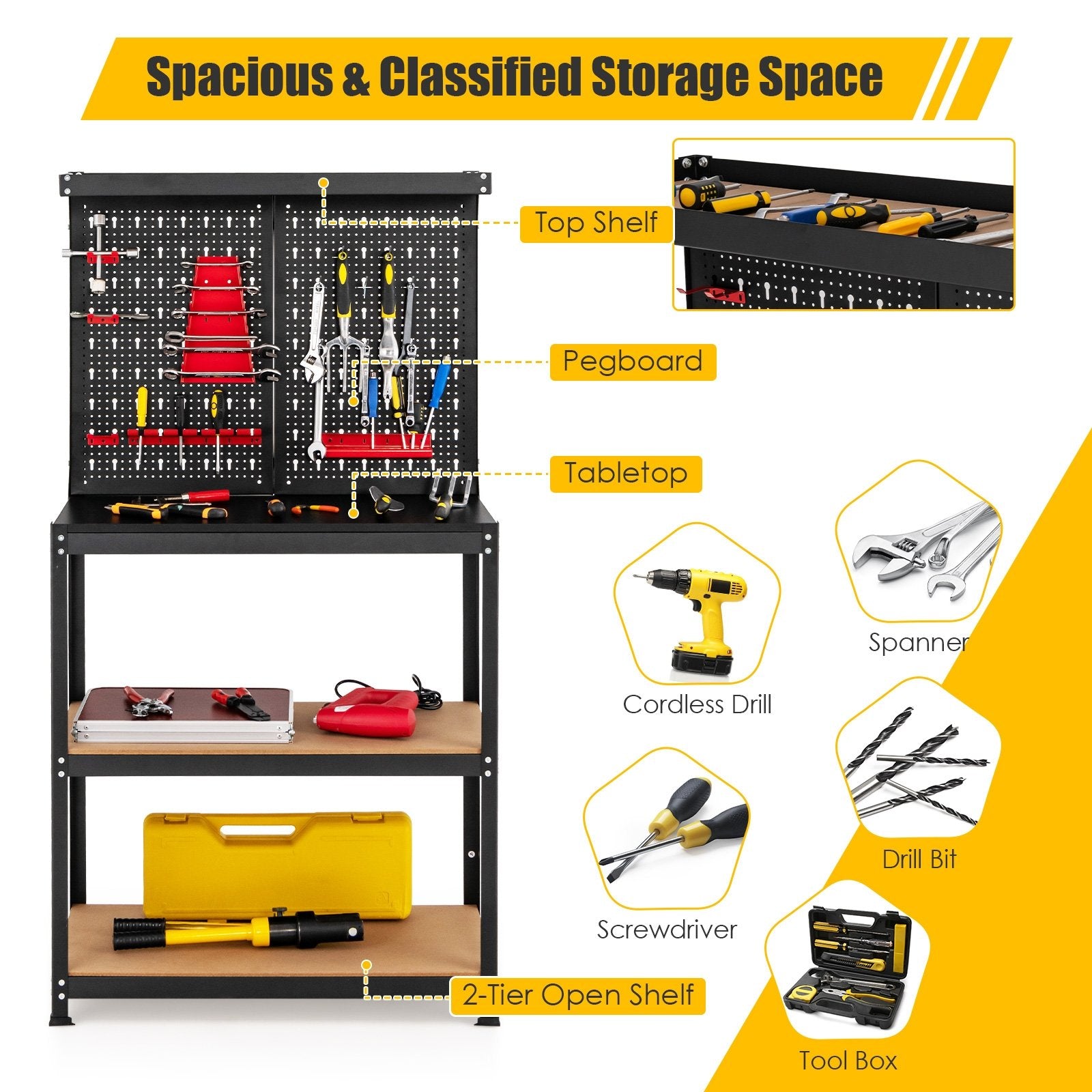 Tool Storage Workbench with Peg Board 2 Lower Shelves 14 Hanging Accessories, Black Garages at Gallery Canada