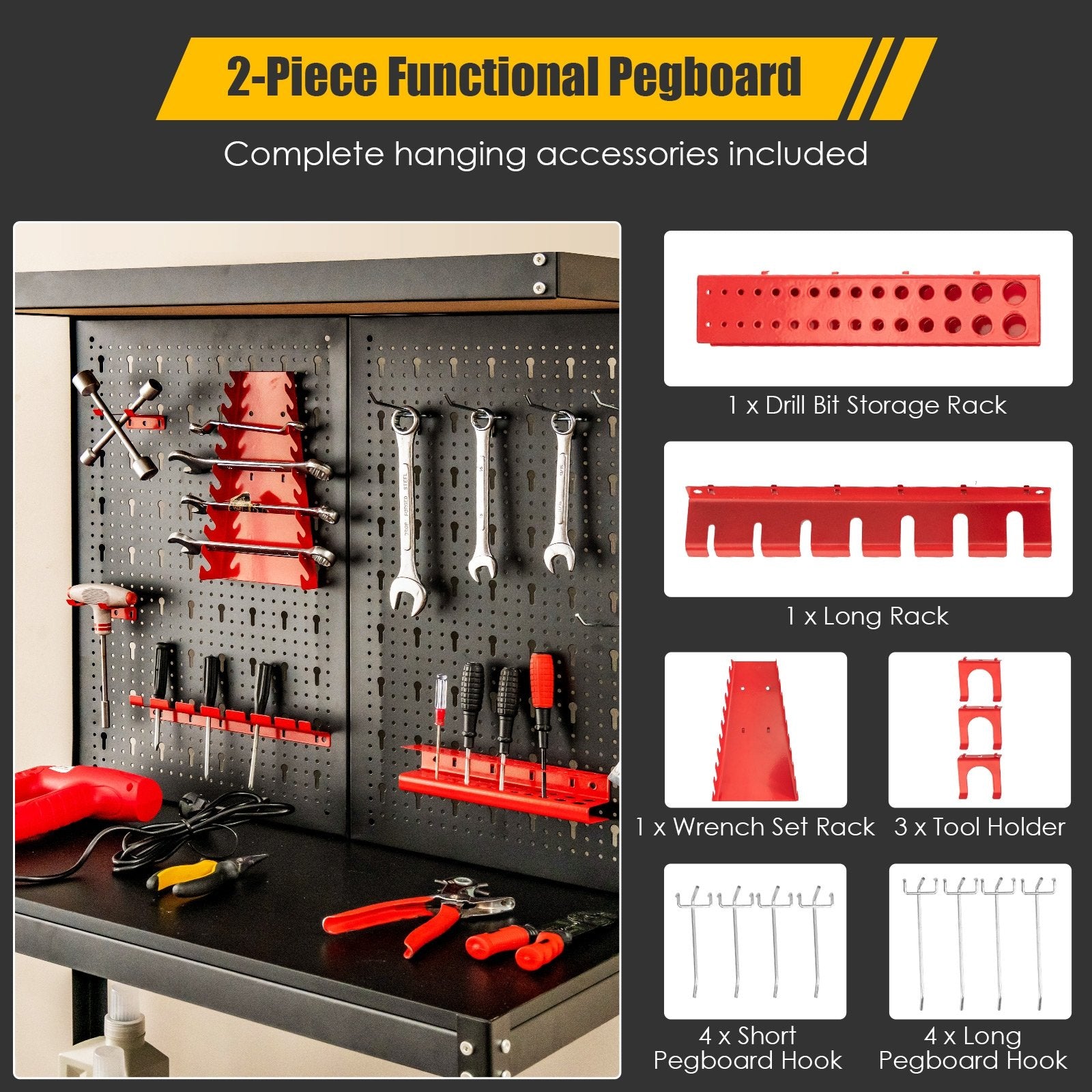 Tool Storage Workbench with Peg Board 2 Lower Shelves 14 Hanging Accessories, Black Garages at Gallery Canada