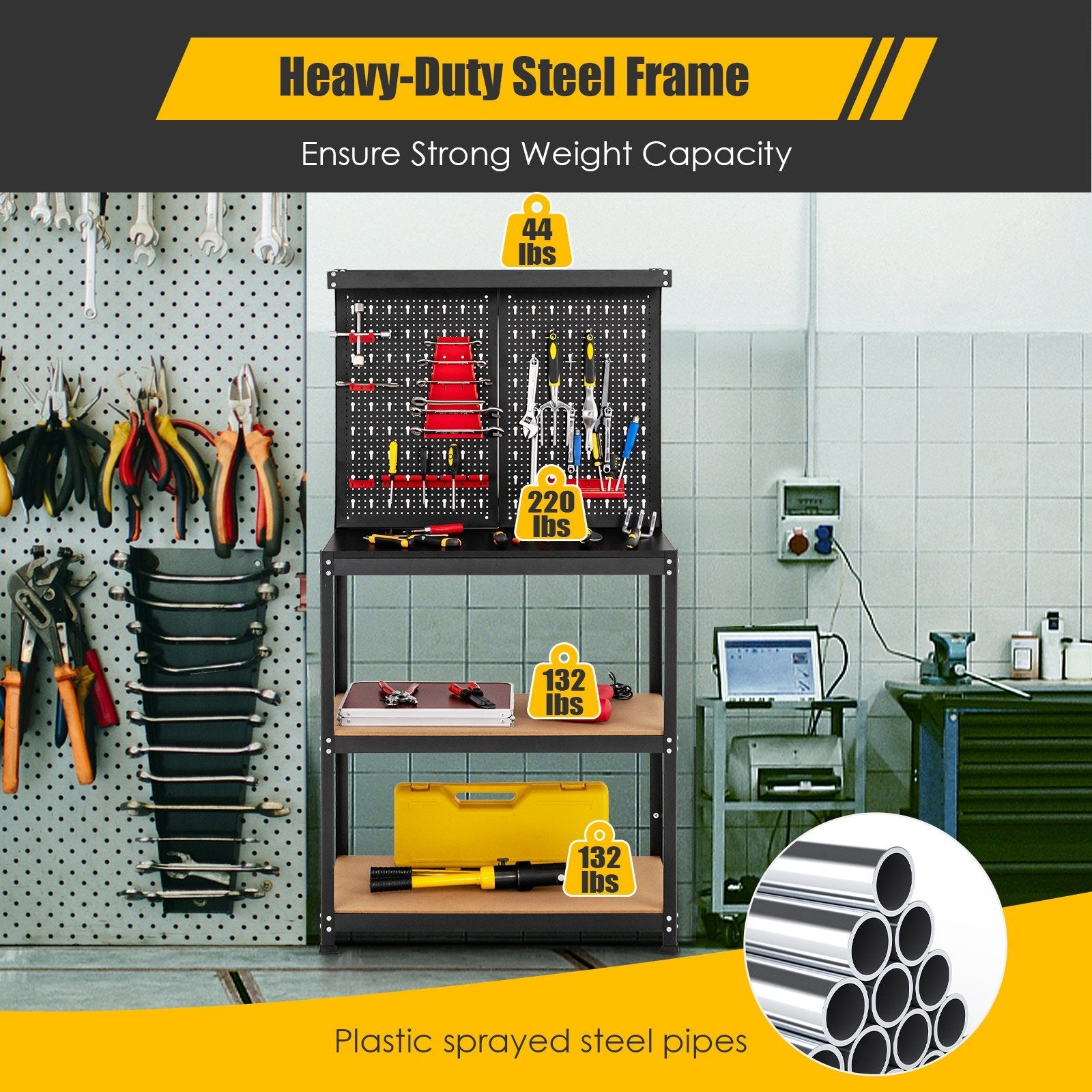 Tool Storage Workbench with Peg Board 2 Lower Shelves 14 Hanging Accessories, Black Garages at Gallery Canada