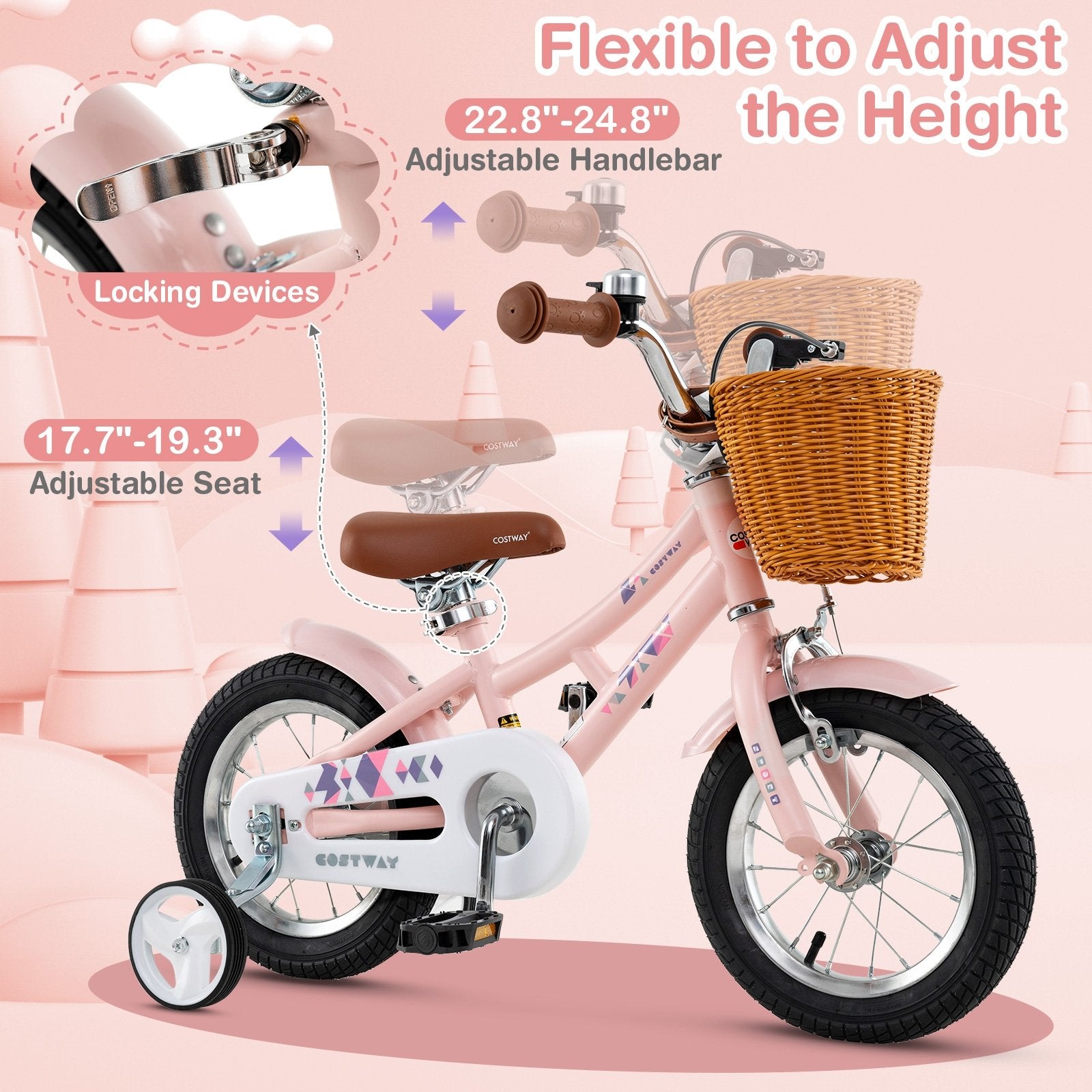 12 Inch Kids Bike Retro Bicycle with Adjustable Height and Basket for Ages 3-8 Years Old, Pink Kids Bike at Gallery Canada
