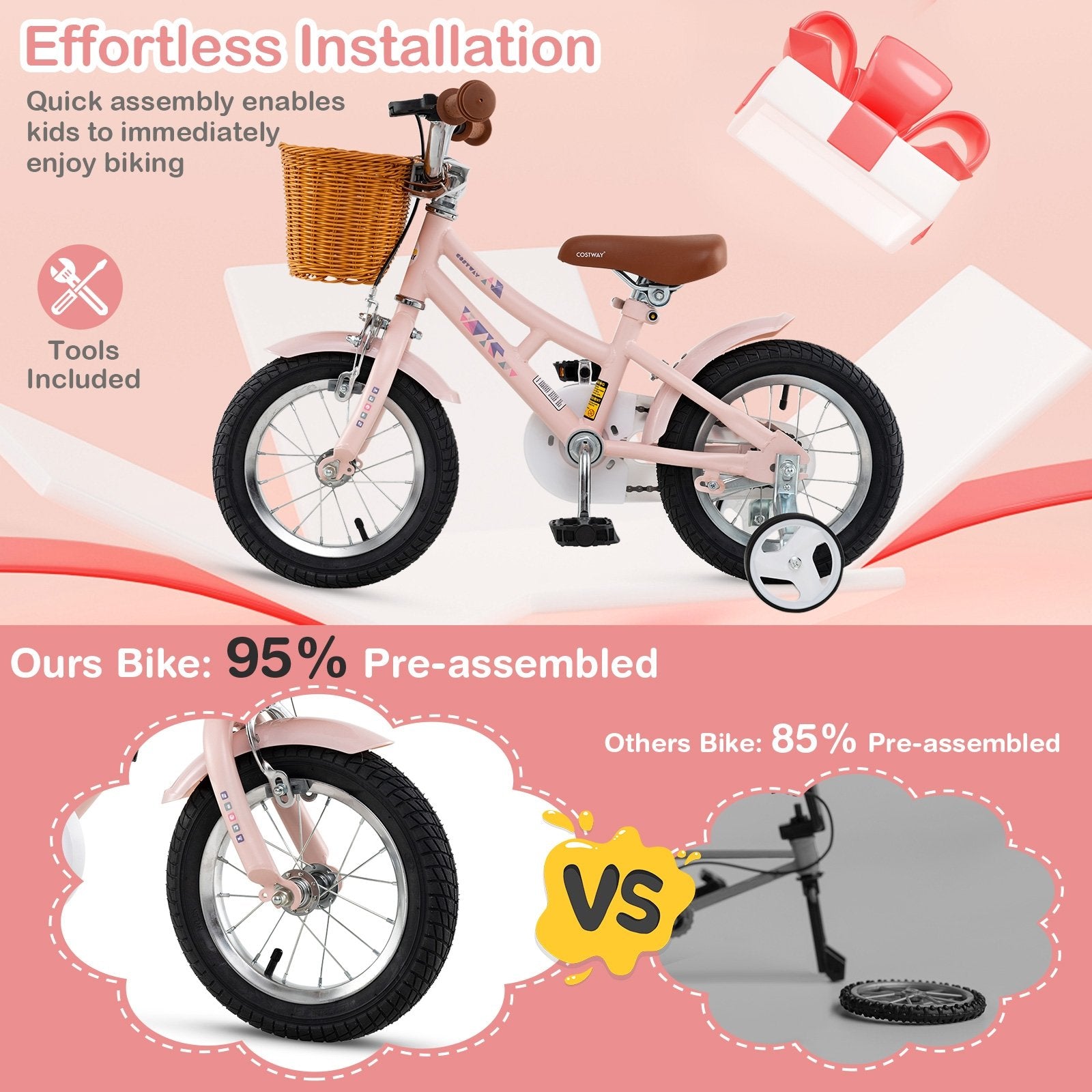 12 Inch Kids Bike Retro Bicycle with Adjustable Height and Basket for Ages 3-8 Years Old, Pink Kids Bike at Gallery Canada