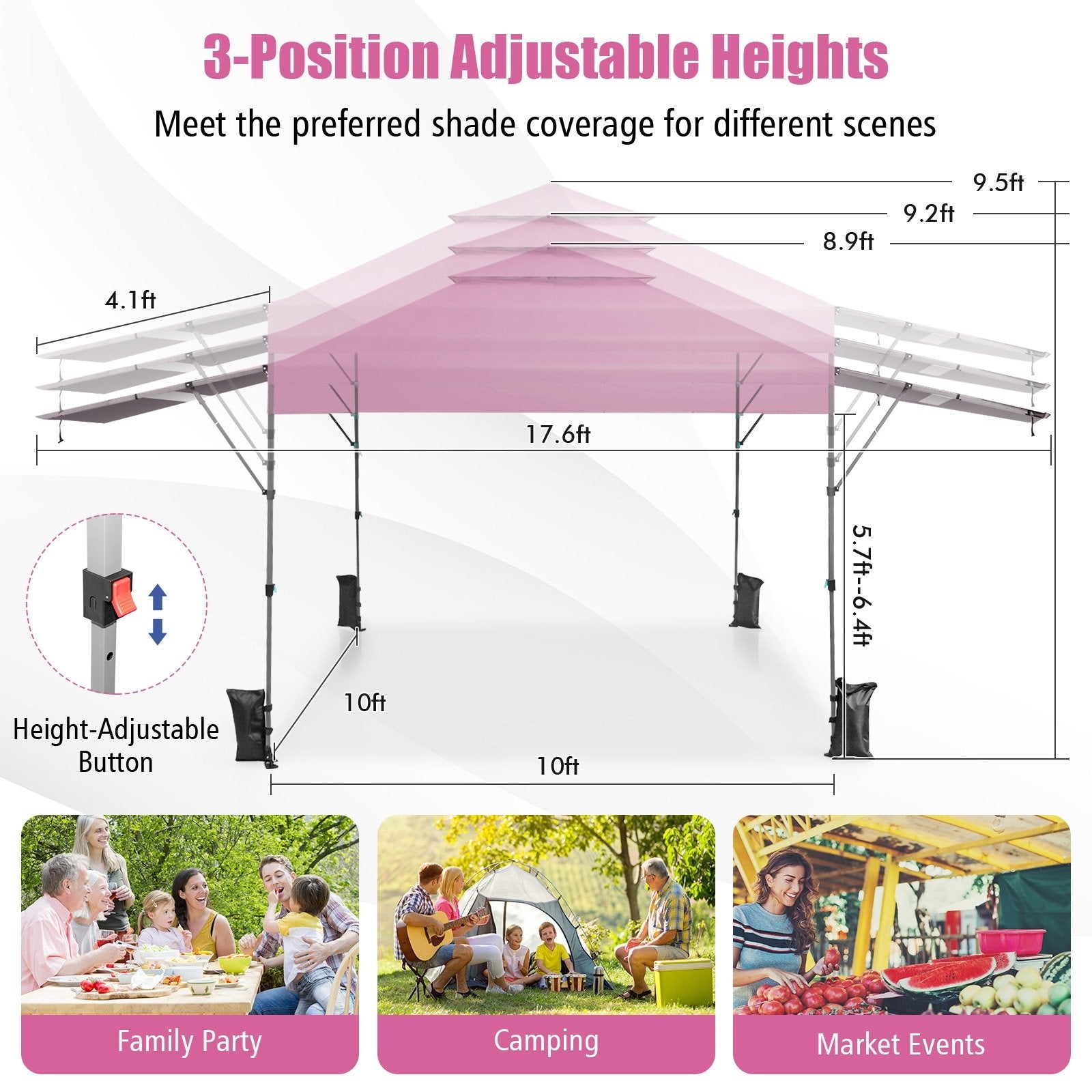 10 x 17.6 Feet Outdoor Instant Pop-up Canopy Tent with Dual Half Awnings, Pink Canopies at Gallery Canada