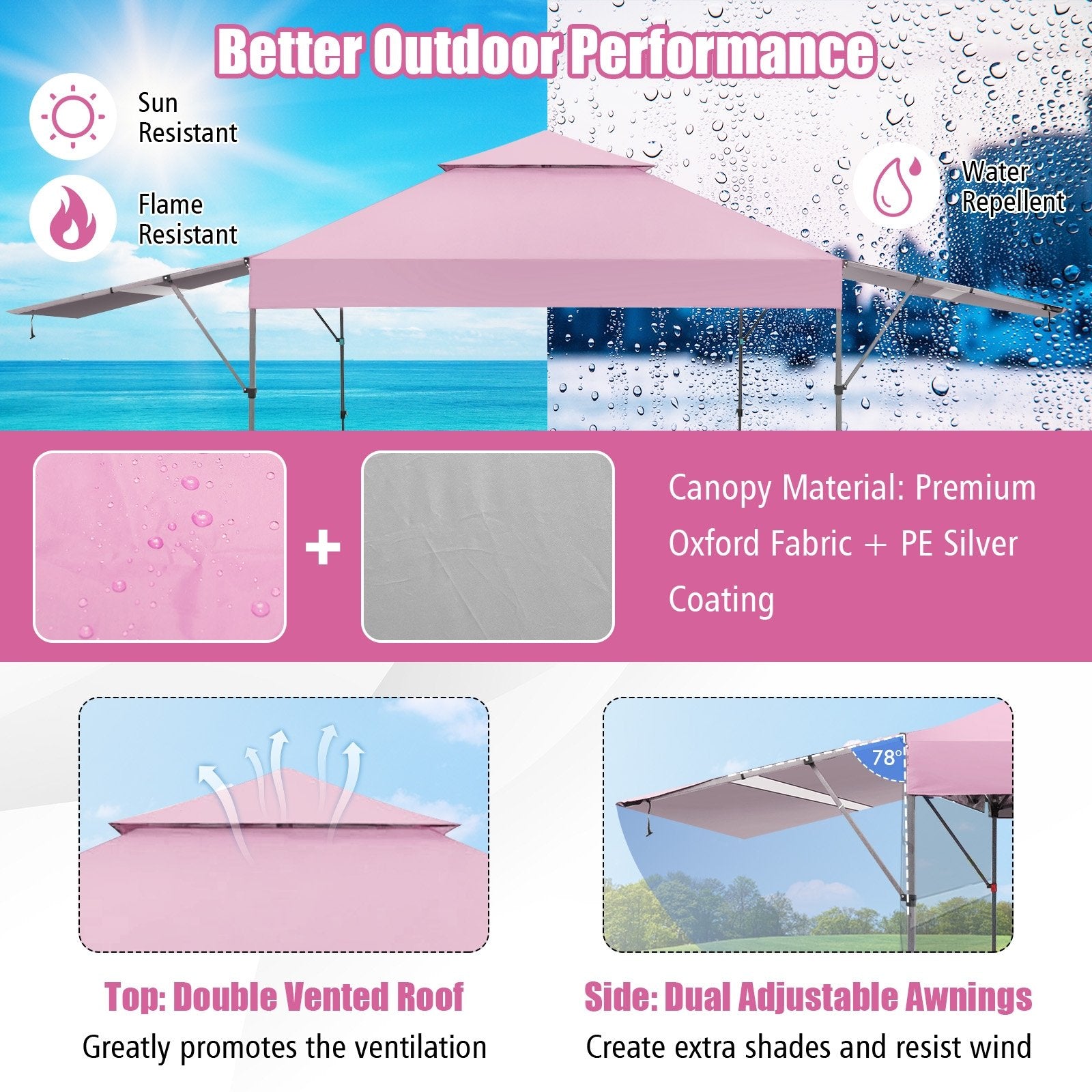 10 x 17.6 Feet Outdoor Instant Pop-up Canopy Tent with Dual Half Awnings, Pink Canopies at Gallery Canada