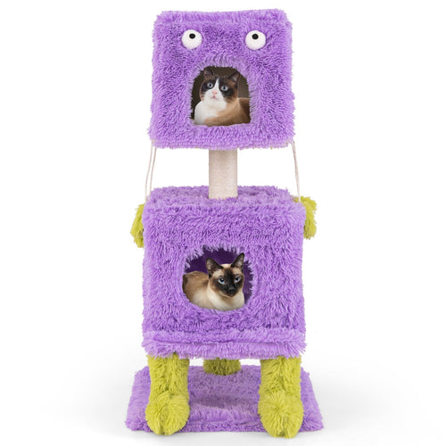 Cute Monster-Themed Cat Tower with 2 Private Condos for Small Place, Purple