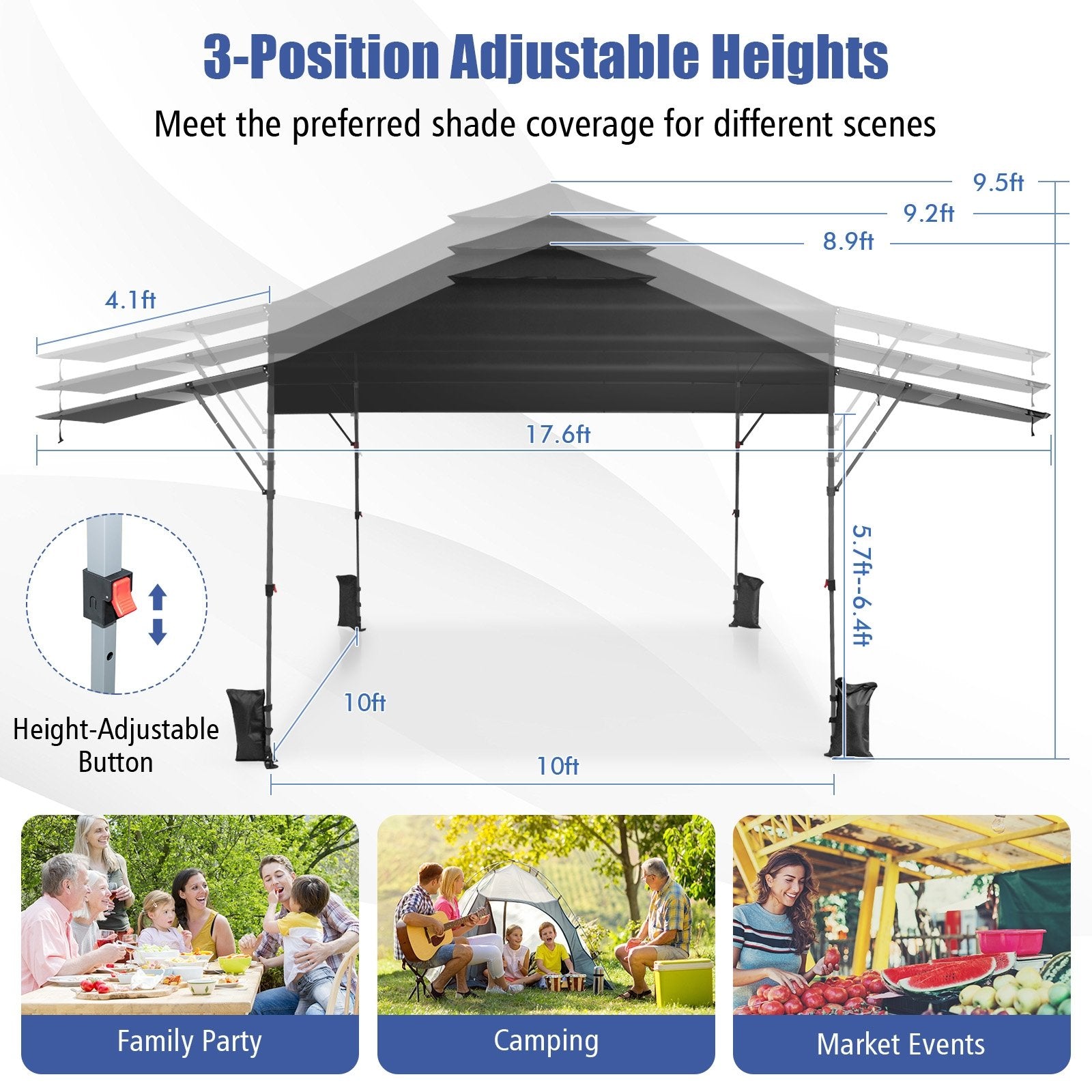 10 x 17.6 Feet Outdoor Instant Pop-up Canopy Tent with Dual Half Awnings, Black Canopies at Gallery Canada