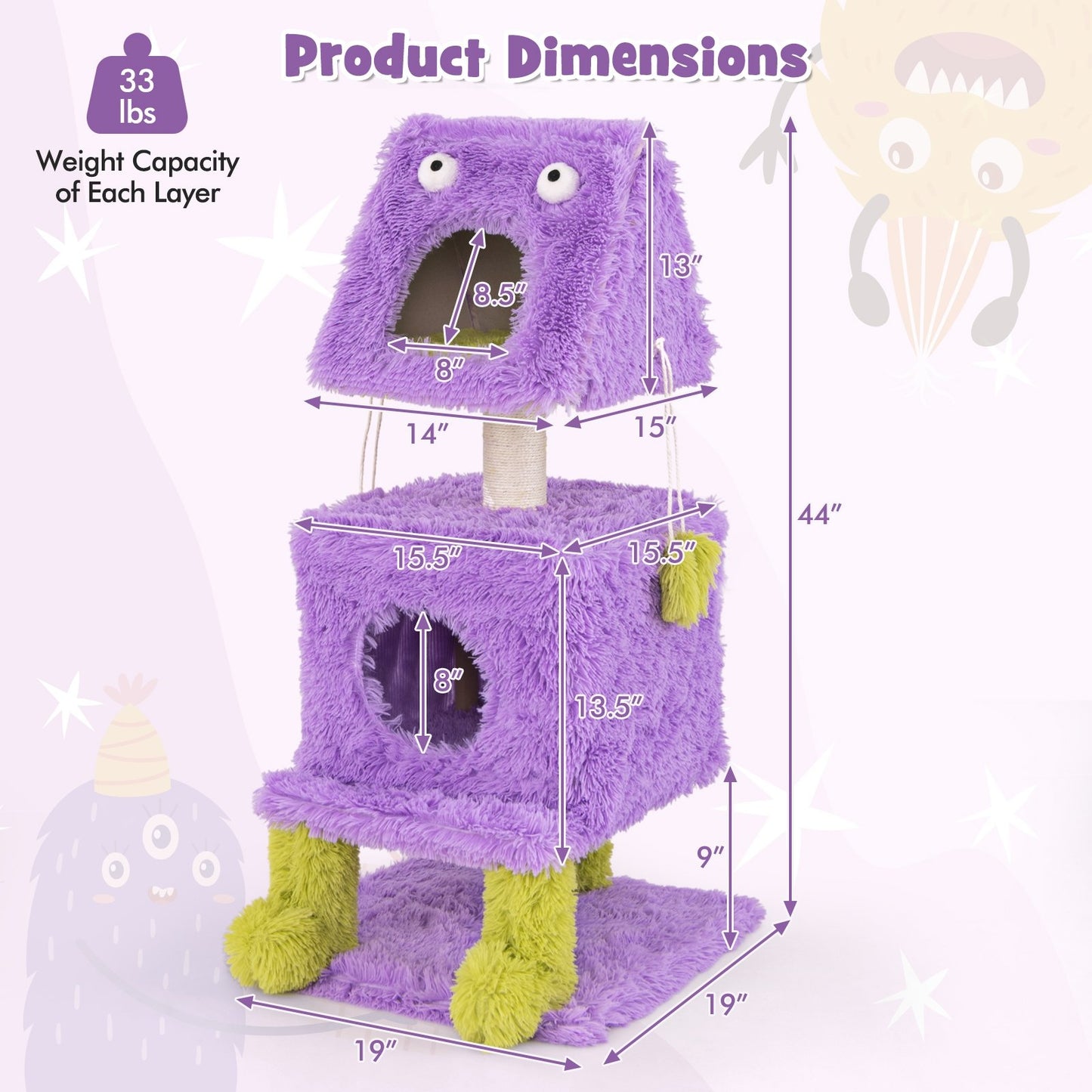 Cute Monster-Themed Cat Tower with 2 Private Condos for Small Place, Purple Cat Trees Condos & Scratchers   at Gallery Canada