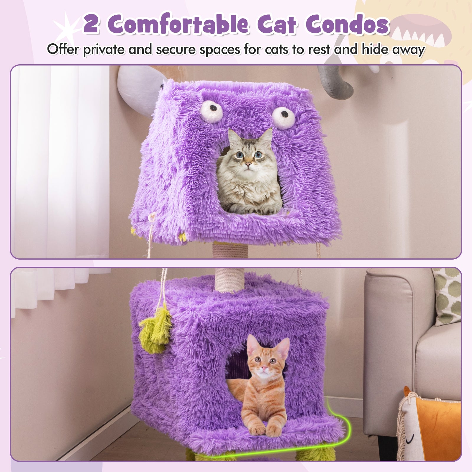 Cute Monster-Themed Cat Tower with 2 Private Condos for Small Place, Purple Cat Trees Condos & Scratchers   at Gallery Canada