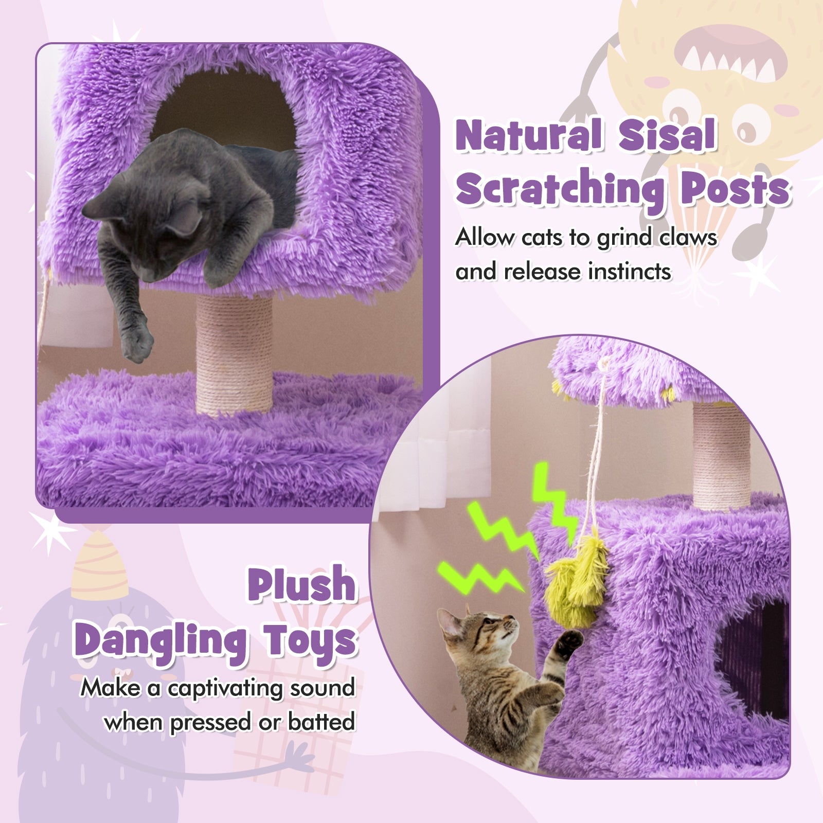 Cute Monster-Themed Cat Tower with 2 Private Condos for Small Place, Purple Cat Trees Condos & Scratchers   at Gallery Canada